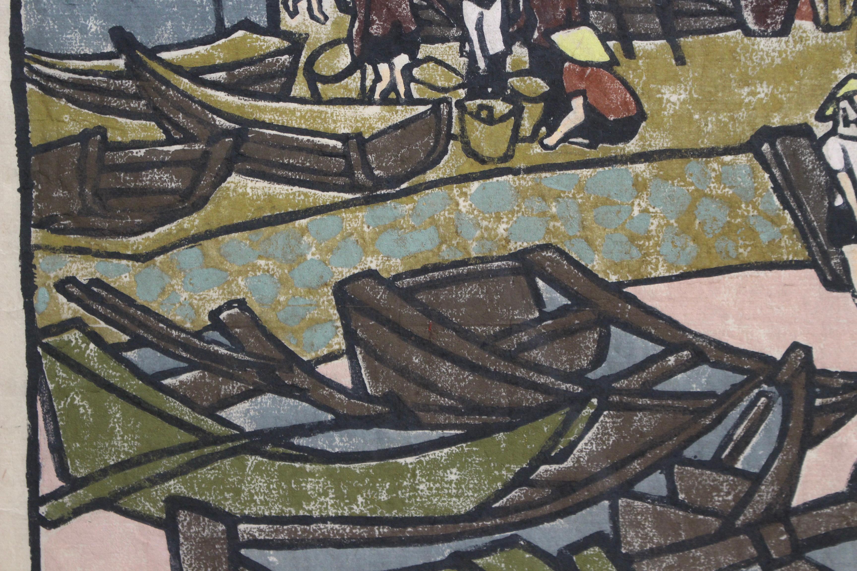 'Fishing Village Along the Mekong' Woodcut in Colour 6