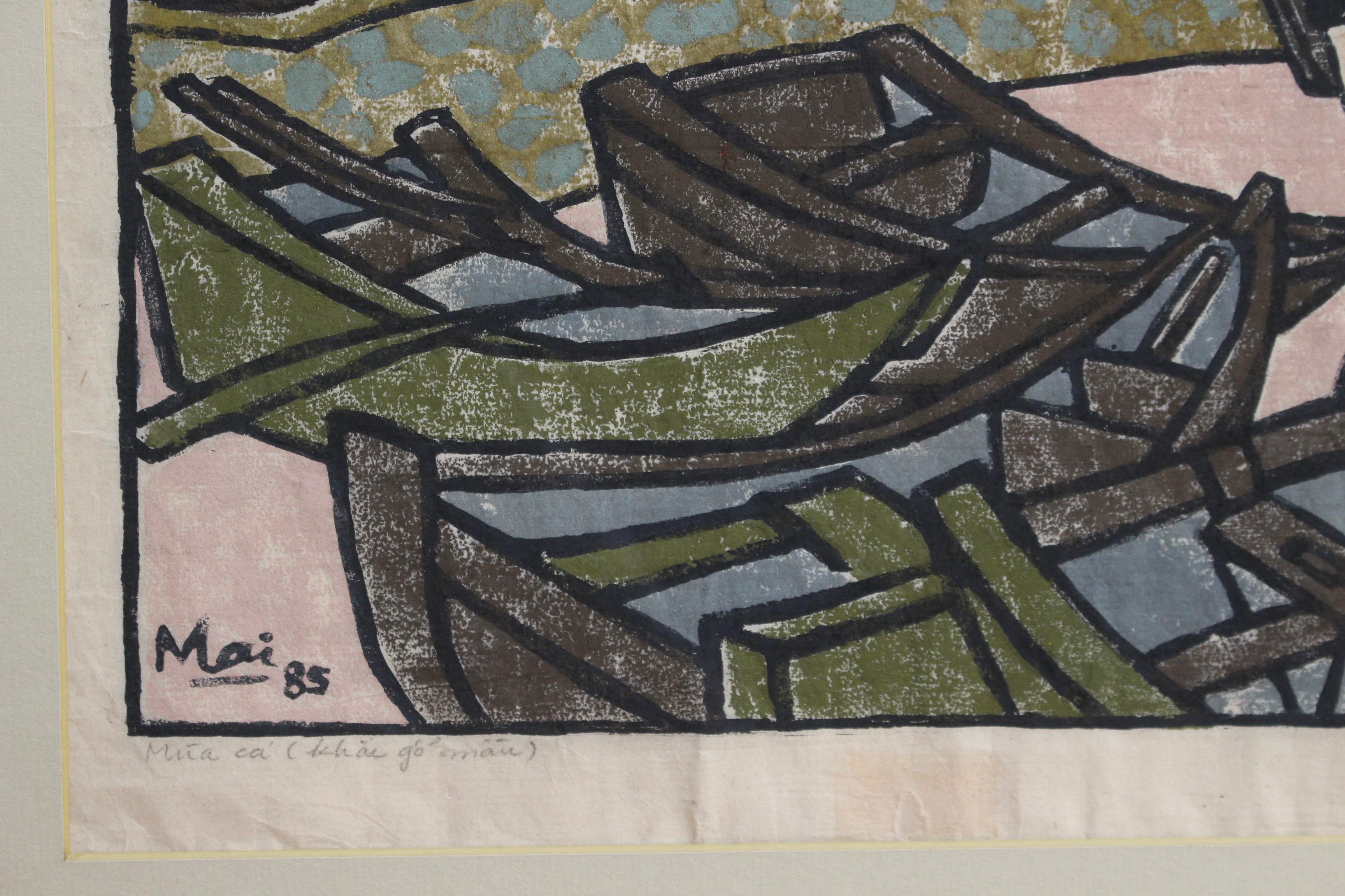 'Fishing Village Along the Mekong' Woodcut in Colour 7