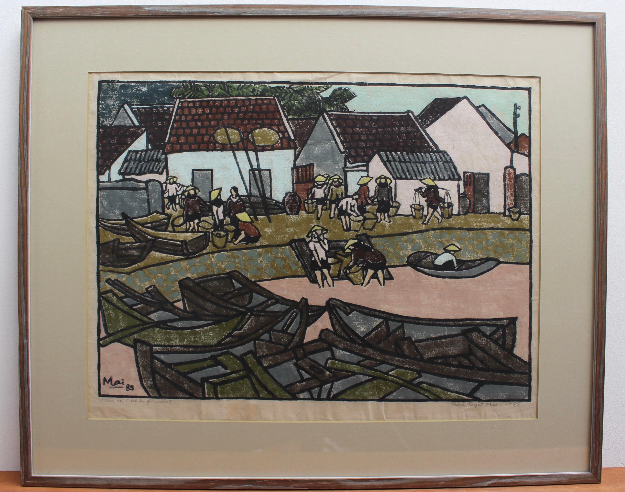 'Fishing Village Along the Mekong' Woodcut in Colour - Print by Tran Tuyet-Mai