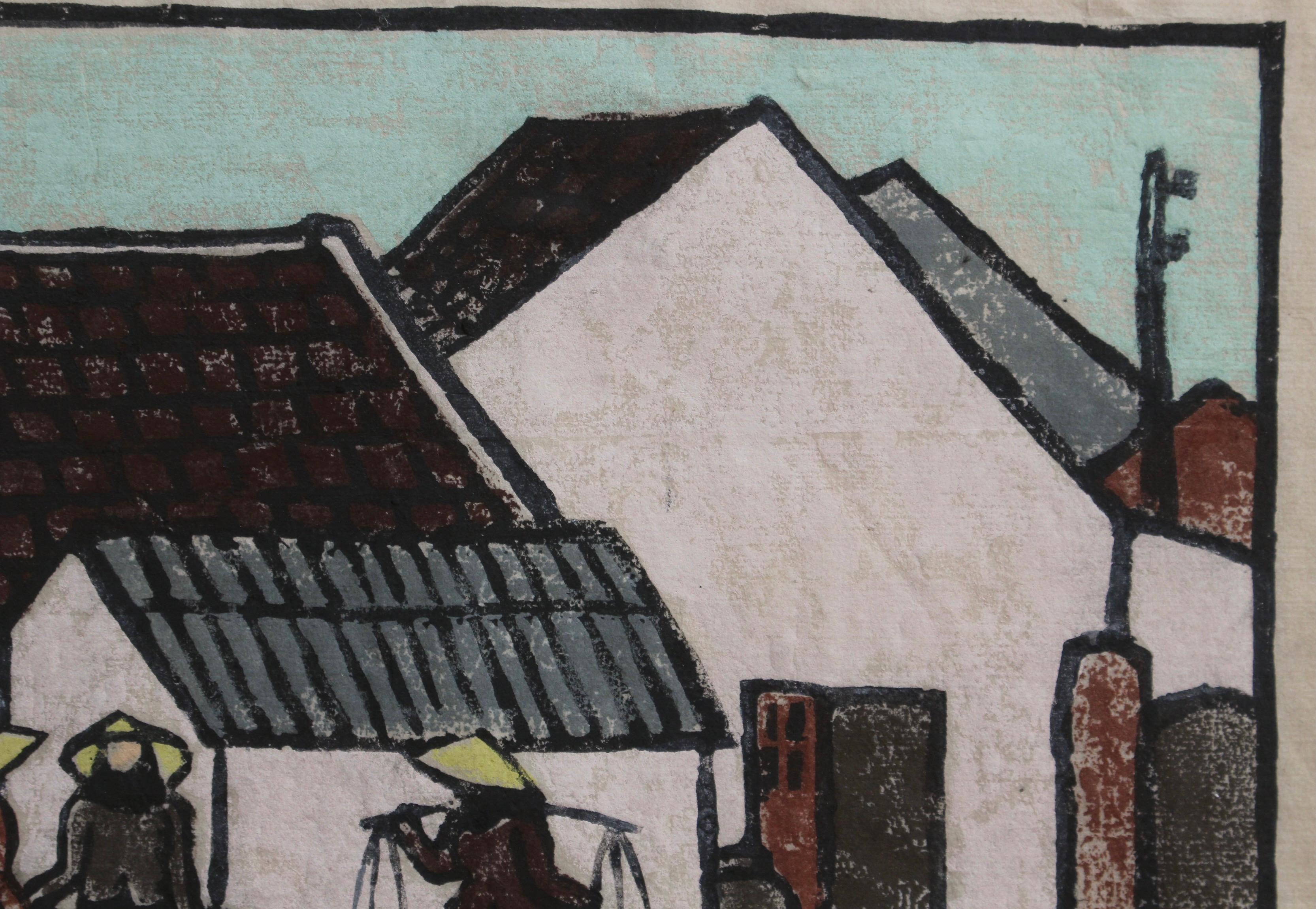 'Fishing Village Along the Mekong', woodcut in colour by Tran Tuyet-Mai (1985). From the School of Vietnamese painters, a tranquil scene of hatted villagers and their bobbing fishing boats is in its original frame and glazed. Woodcutting is an
