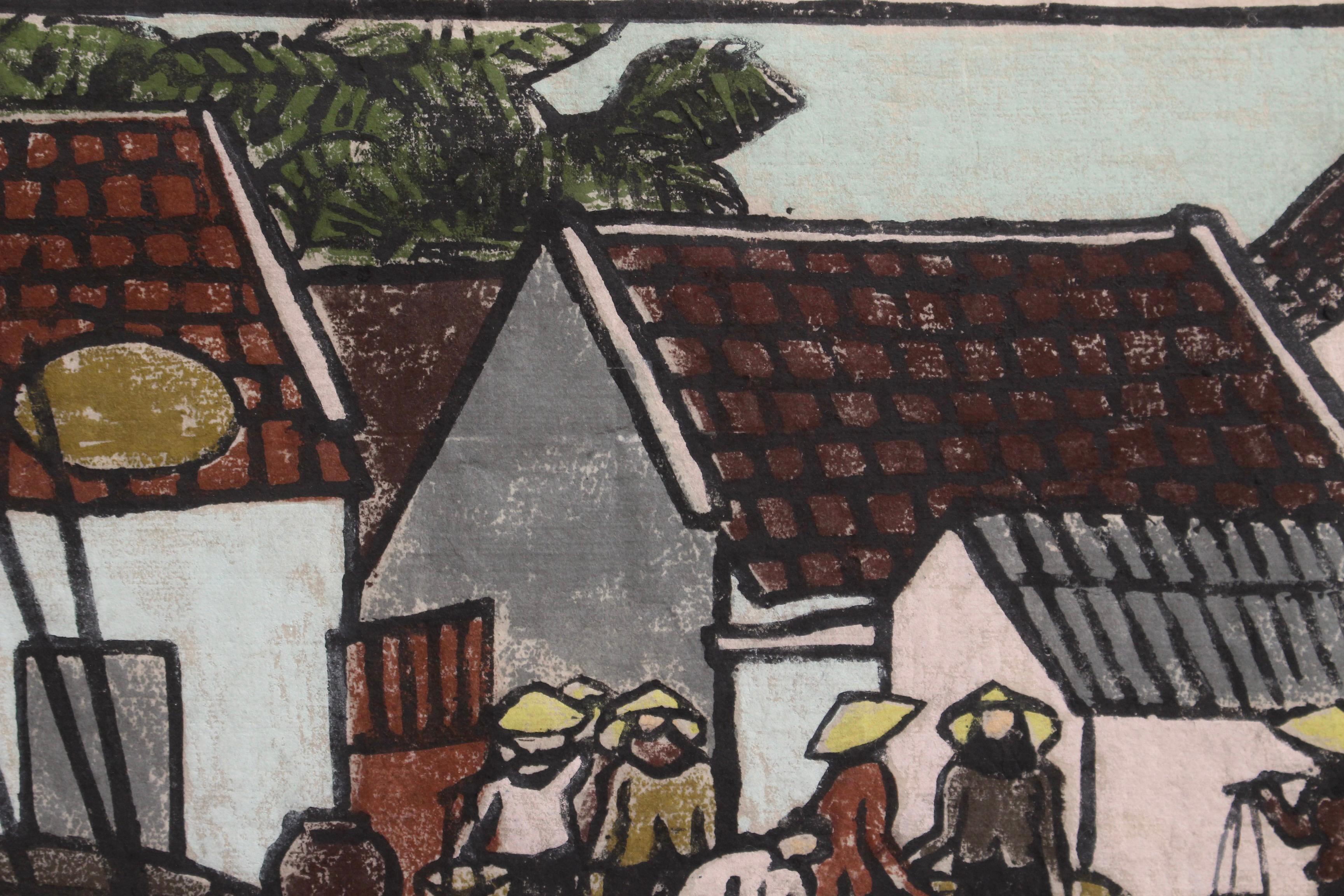 'Fishing Village Along the Mekong' Woodcut in Colour 1