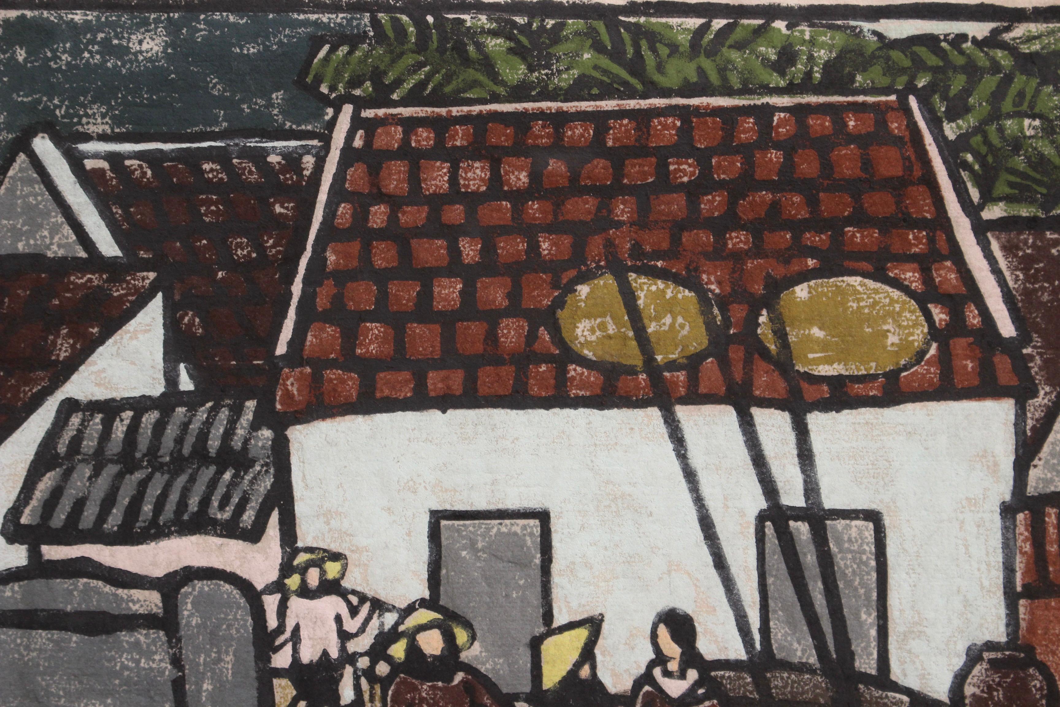 'Fishing Village Along the Mekong' Woodcut in Colour 2