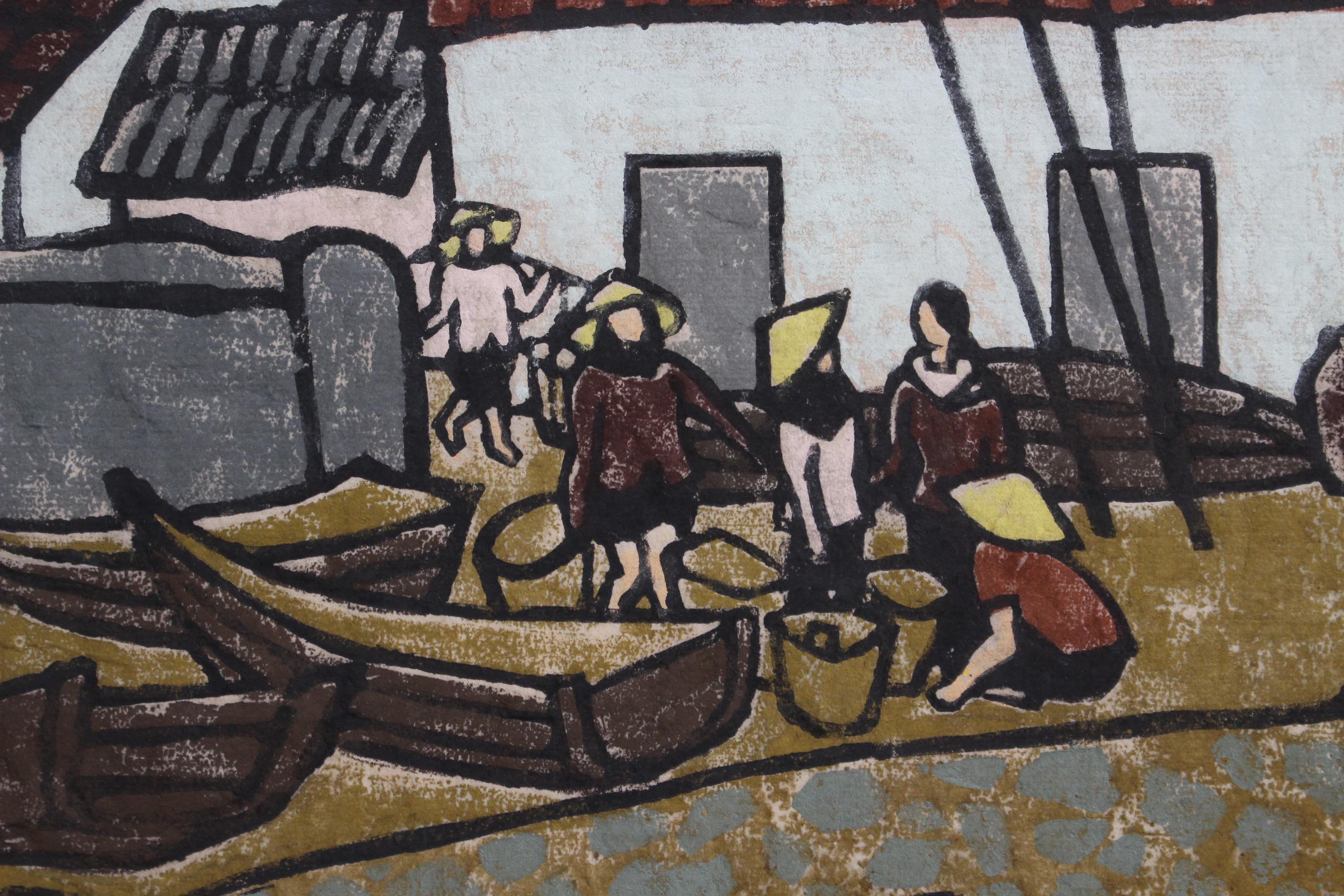 'Fishing Village Along the Mekong' Woodcut in Colour 3