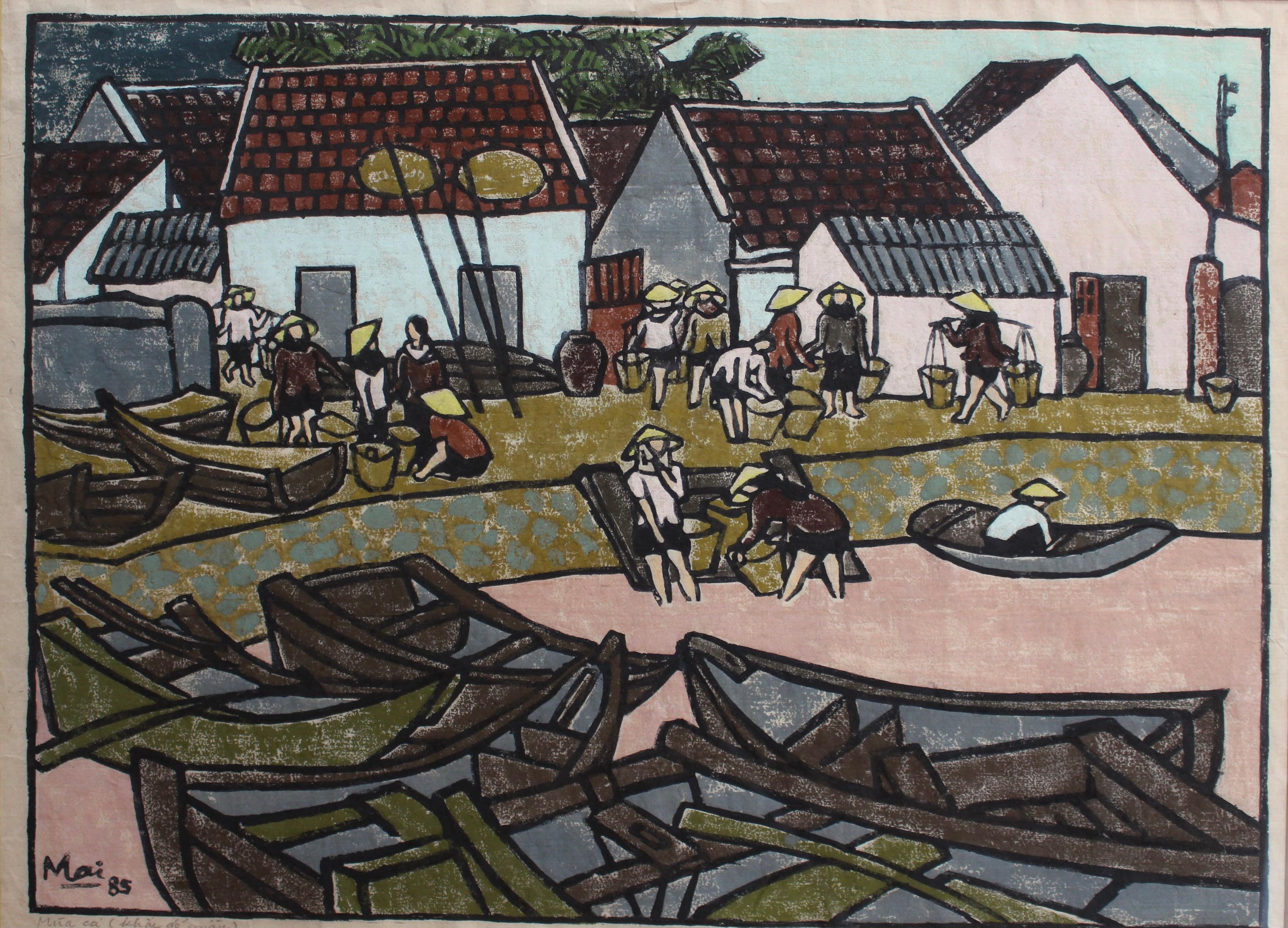 Tran Tuyet-Mai Figurative Print - 'Fishing Village Along the Mekong' Woodcut in Colour