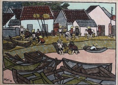 'Fishing Village Along the Mekong' Woodcut in Colour