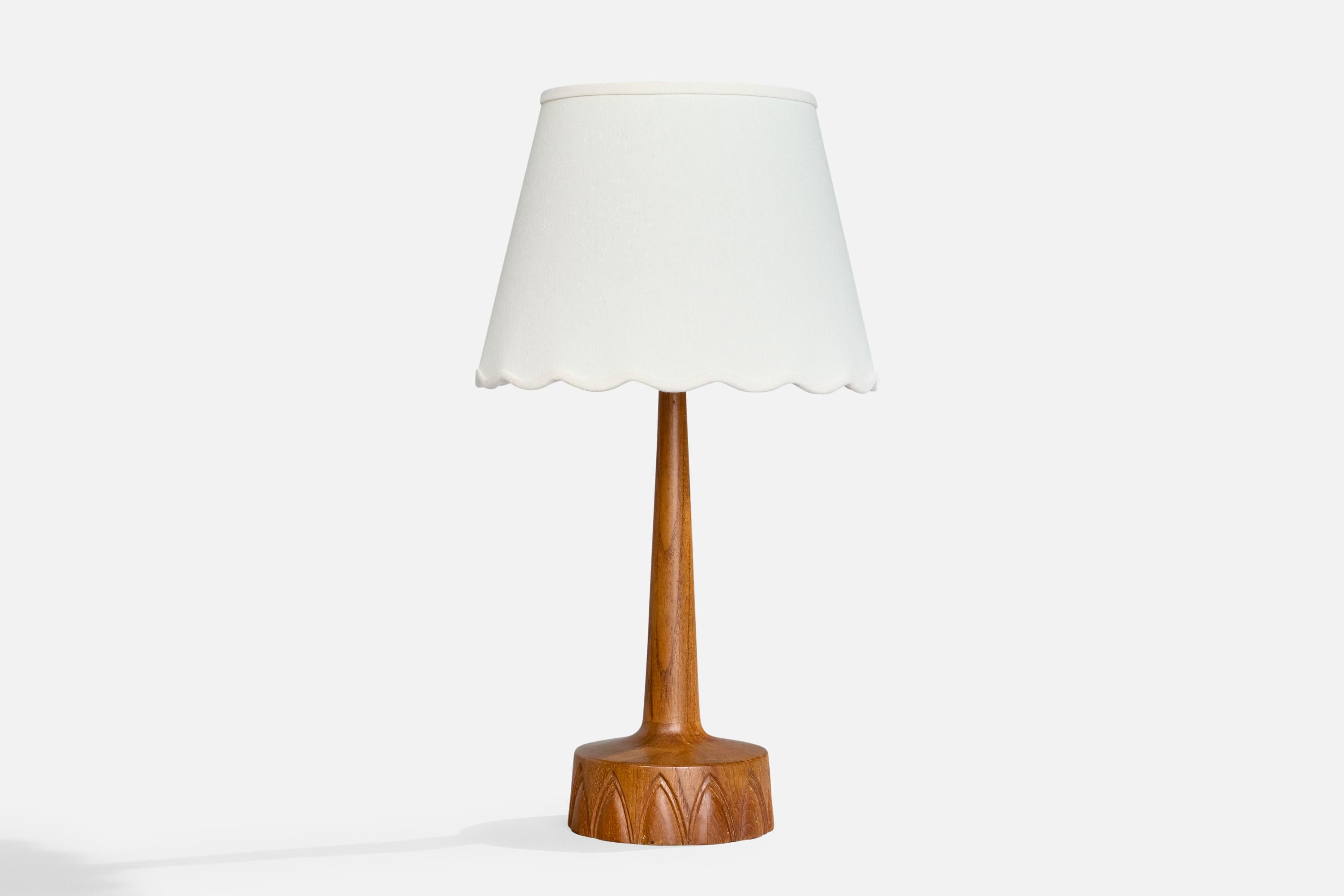 Lampe de table en teck, laiton et tissu produite par Tranås Armatur, Suède, c.C. 1960.

Dimensions de la lampe avec abat-jour (pouces) : 22.4