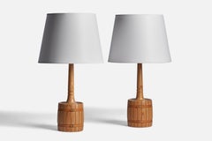 Tranås Stilarmatur, Table Lamps, Pine, Leather, Brass, Sweden, 1970s