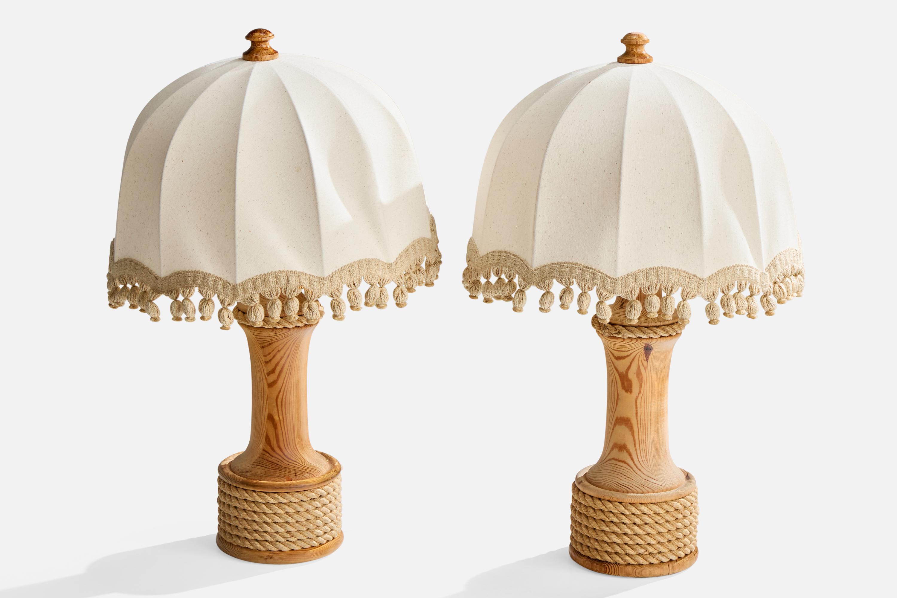 Tranås Stilarmatur, Table Lamps, Pine, Rope, Fabric, Sweden, 1970s For Sale 1