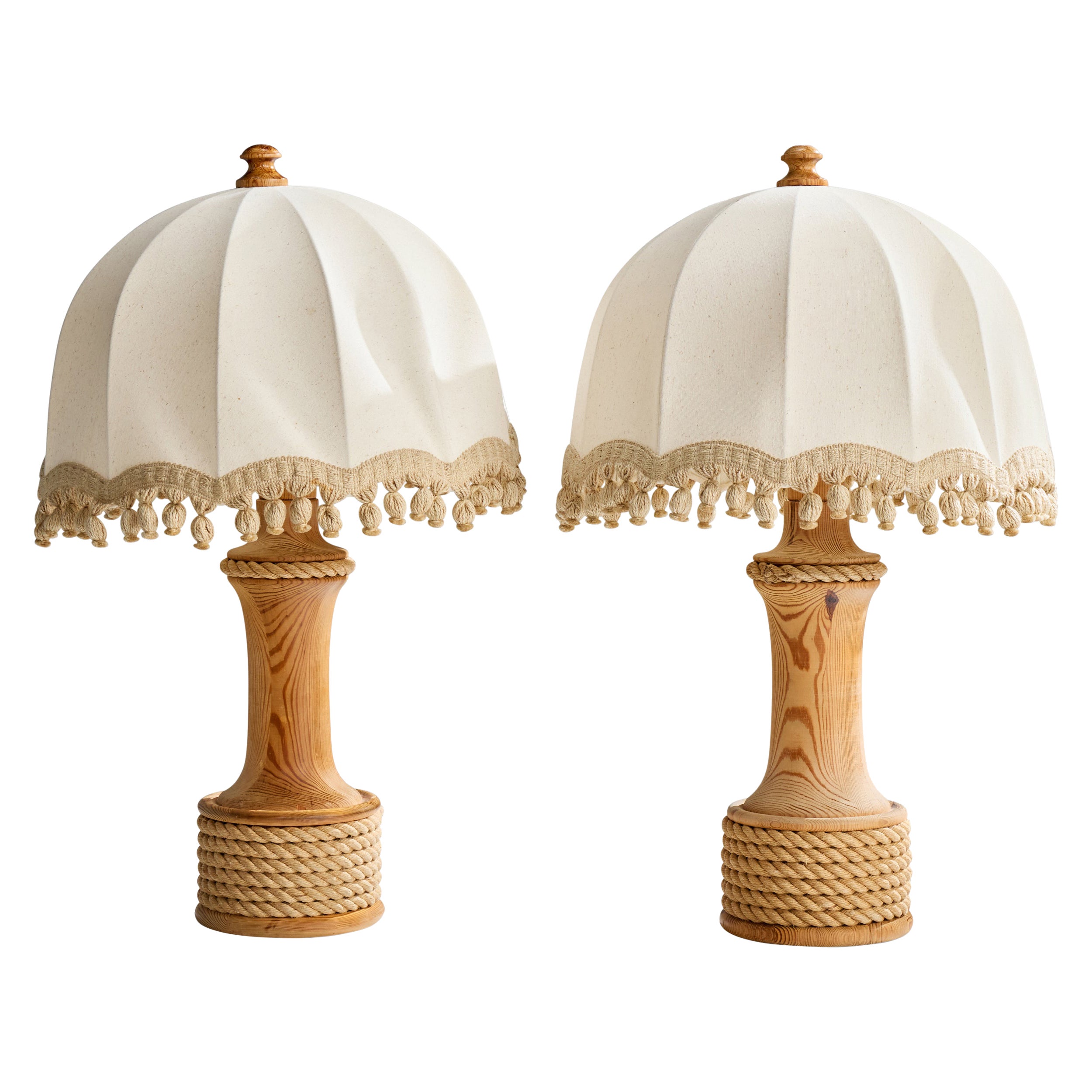 Tranås Stilarmatur, Table Lamps, Pine, Rope, Fabric, Sweden, 1970s For Sale