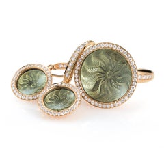 Round Light Green Enamel Ring in Rose Gold Gold with 57 Diamonds