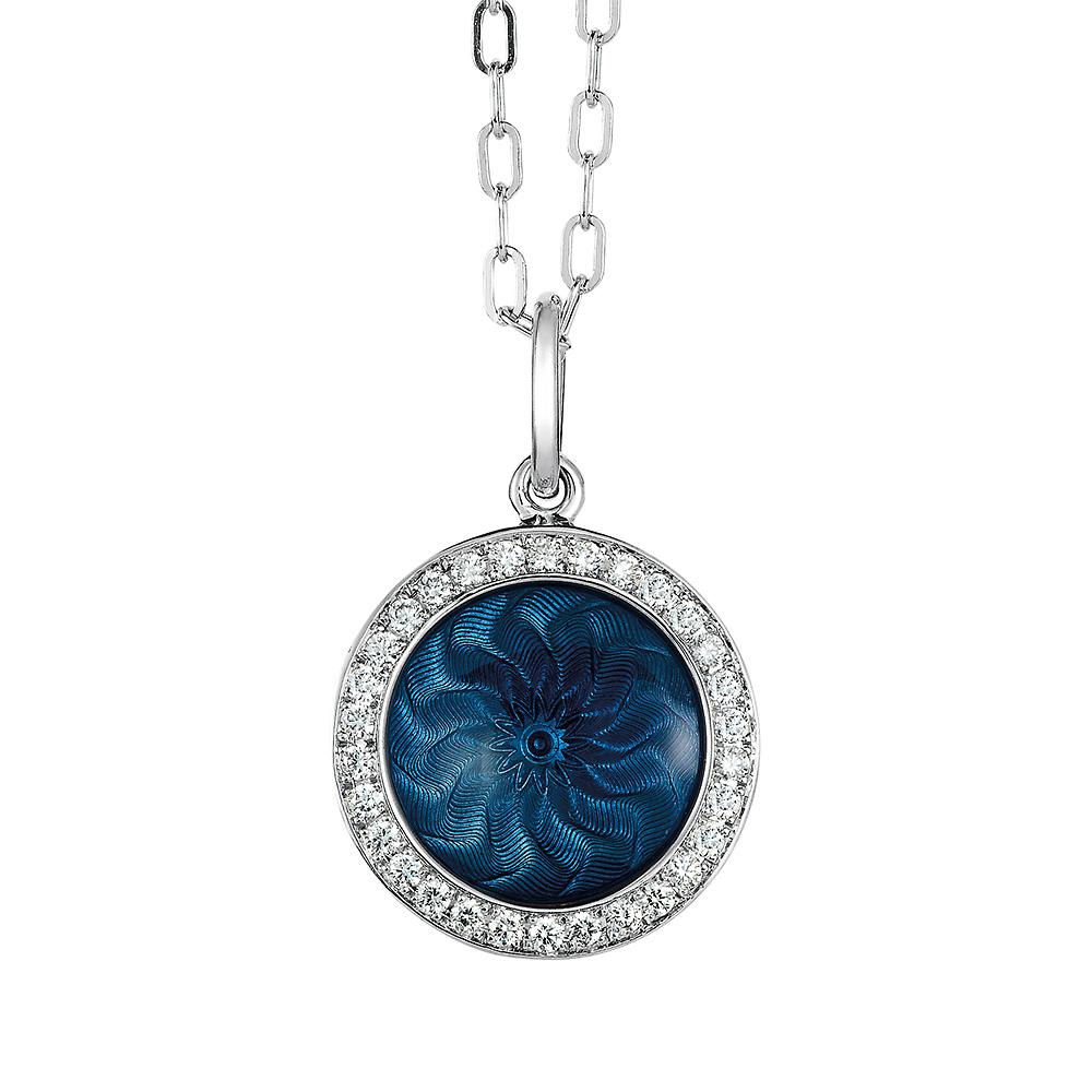 Collar Colgante Redondo Oro Blanco 18k Esmalte Azul Guilloche 30 Diamantes 0,15 ct