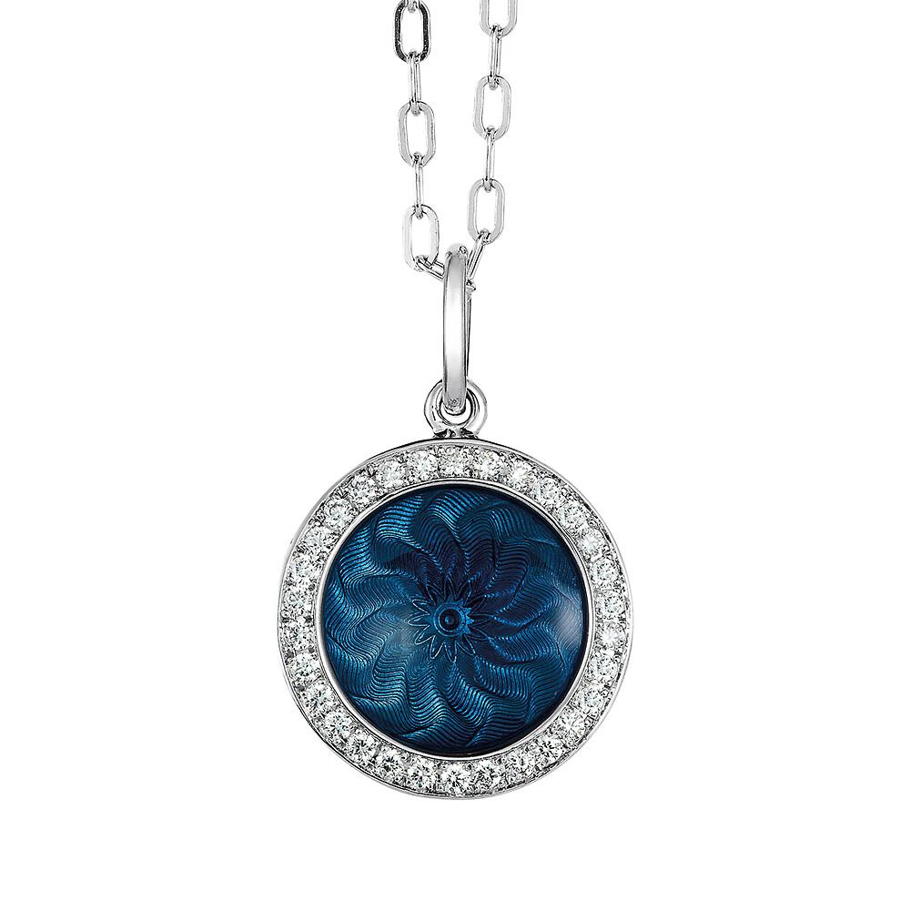 Round Pendant Necklace 18k White Gold Blue Enamel Guilloche 30 Diamonds 0.15 ct