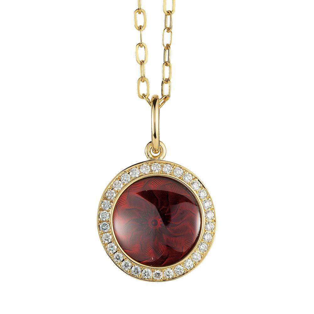Collier pendentif rond guilloché en or blanc 18 carats et émail rouge avec 30 diamants 0,15 carat