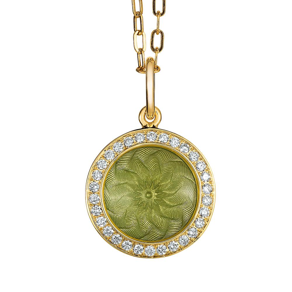 Round Pendant Necklace 18k White Gold Green Enamel Guilloche 30 Diamonds 0.15 ct For Sale