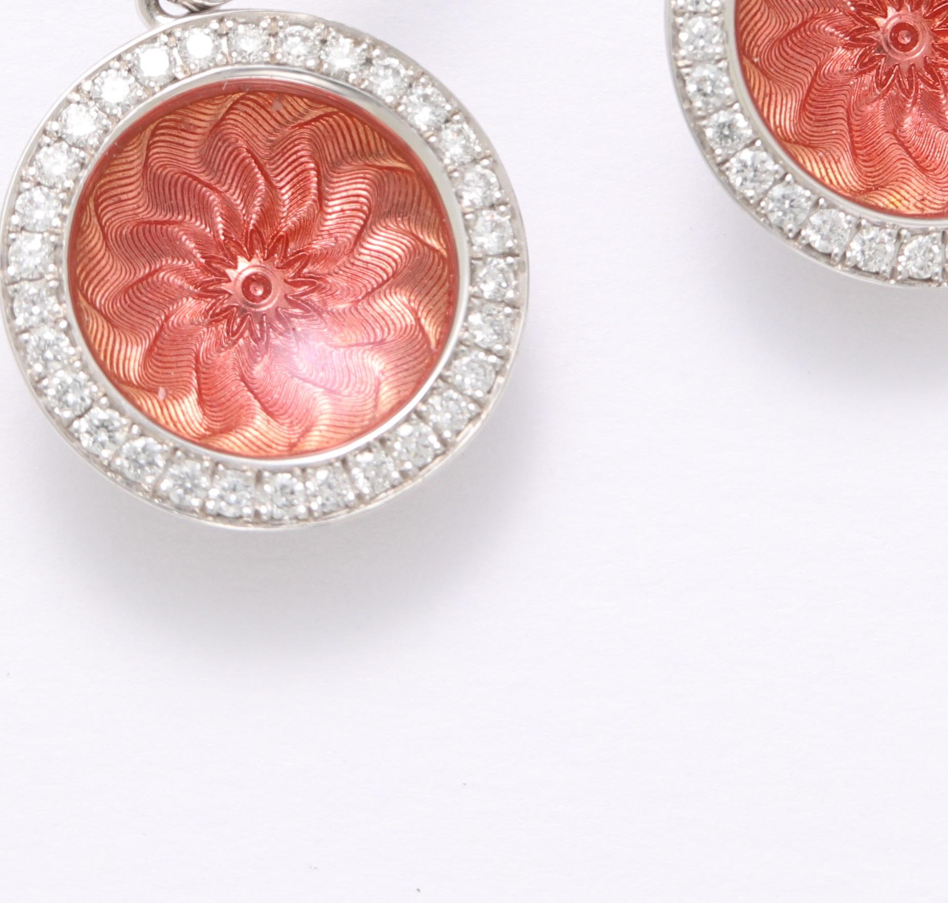 Contemporary Round Drop Earrings 18k White and Yellow Gold Pink Enamel 78 Diamonds 0.45 ct For Sale