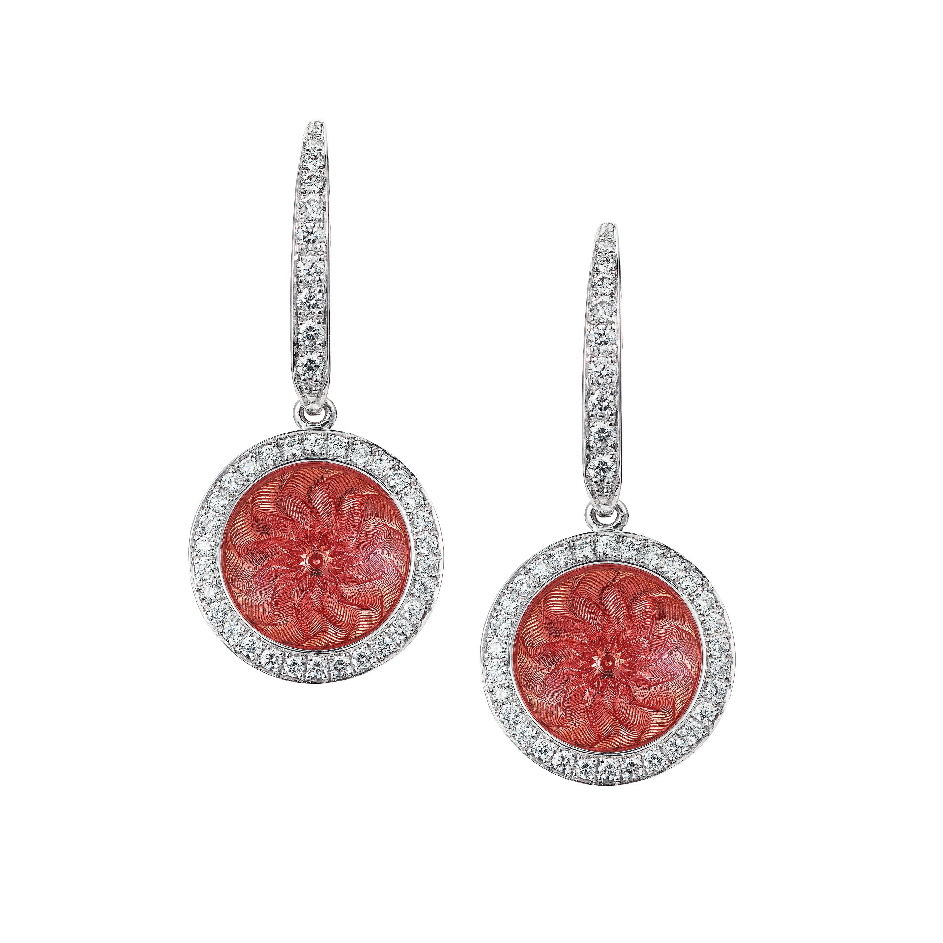 Round Drop Earrings 18k White and Yellow Gold Pink Enamel 78 Diamonds 0.45 ct For Sale