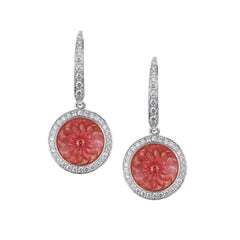 Round Drop Earrings 18k White and Yellow Gold Pink Enamel 78 Diamonds 0.45 ct