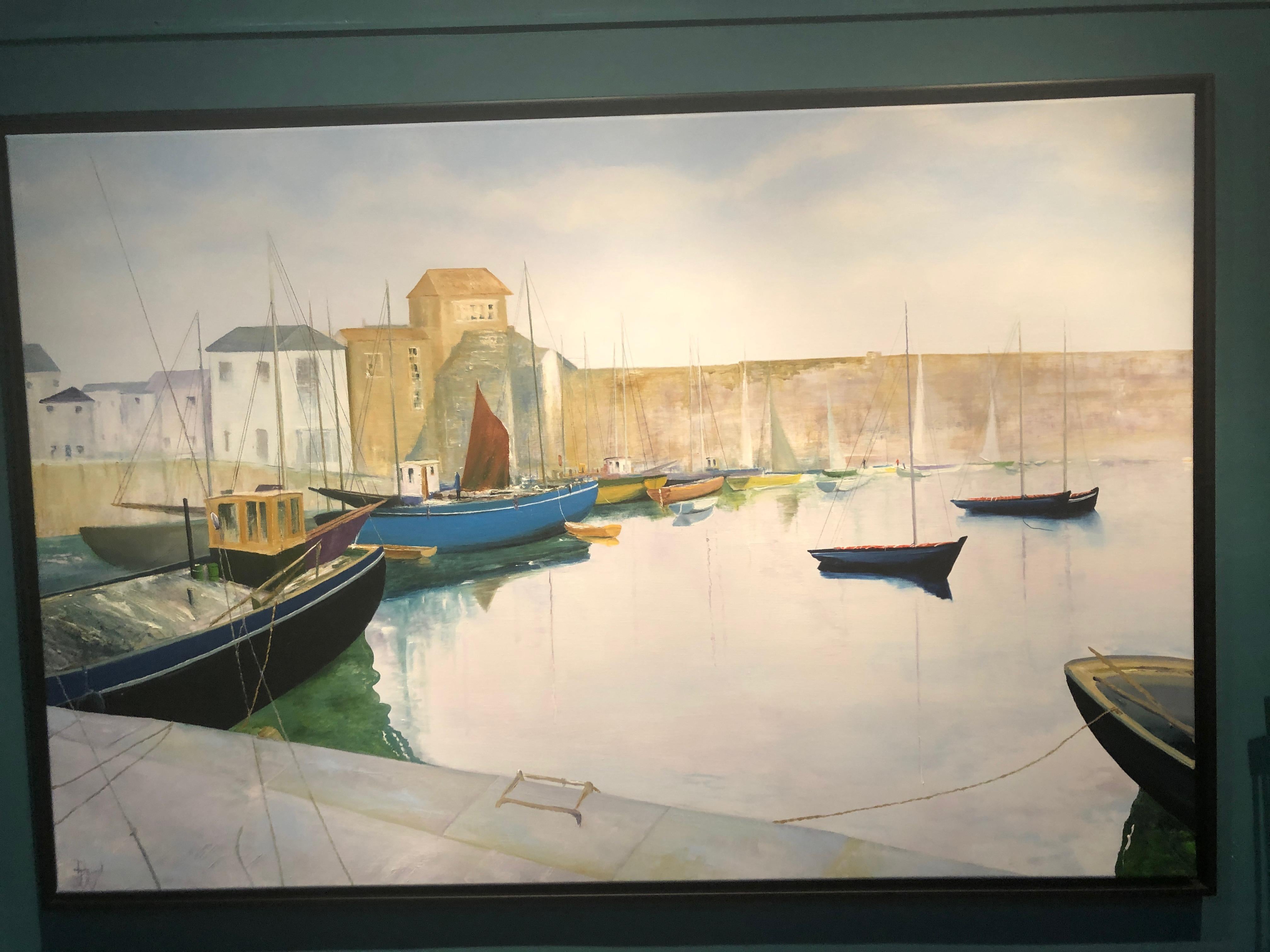 Gentle view of a harbour in the early morning light

Oil on canvas. Set in a contemporary black tray frame

Measures: 41