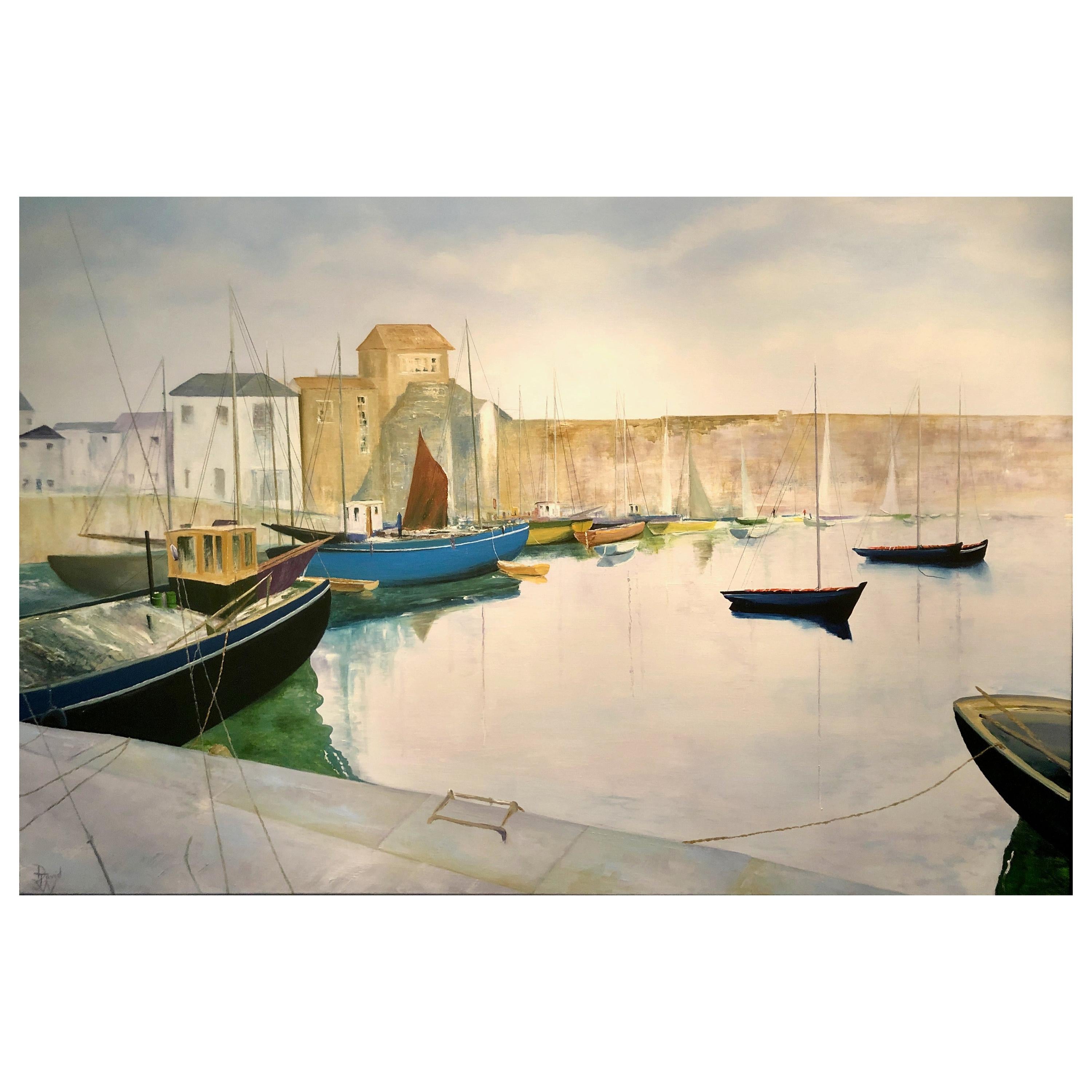 "Tranquil Harbour" Contemporary Oil Painting by David Williams For Sale