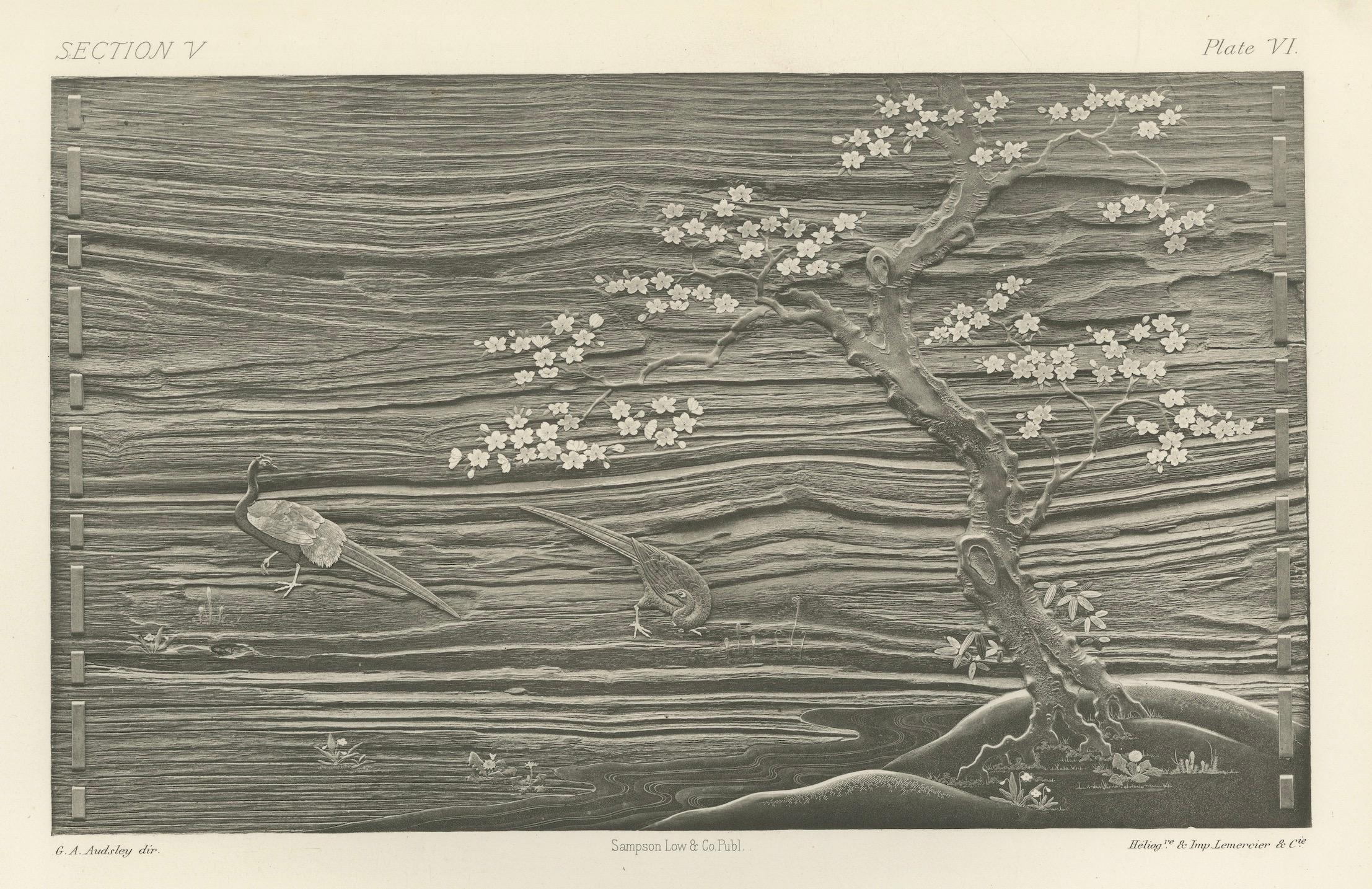 Ruhe in Monochrome - Japanisch inspirierte Chromolithographie von Audsley, 1884 im Angebot 1