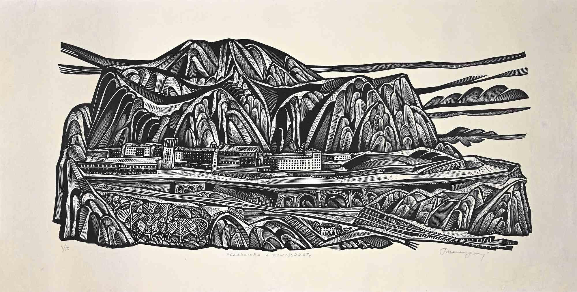 Carretera a Monserrato - Woodcut by T. Marangoni - Mid-20th Century