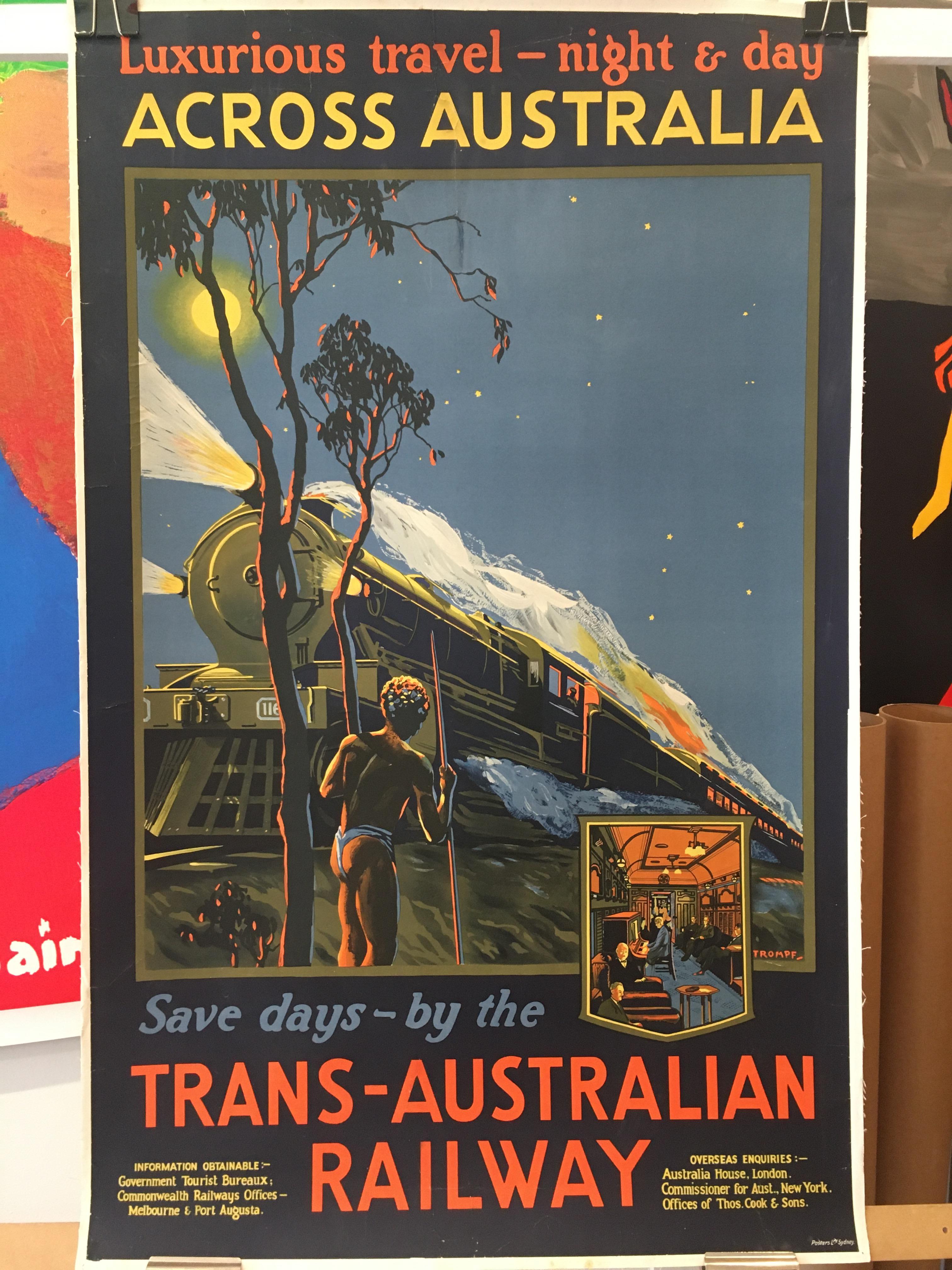 Trans-Australian Railway Original Vintage Poster by Tromf, 1935

Artist
Percy Trompf (Australian, 1902–1964)

Condition
Excellent

Year
1935

Dimensions:
100 x 62 cm

Format
Linen backed.

 