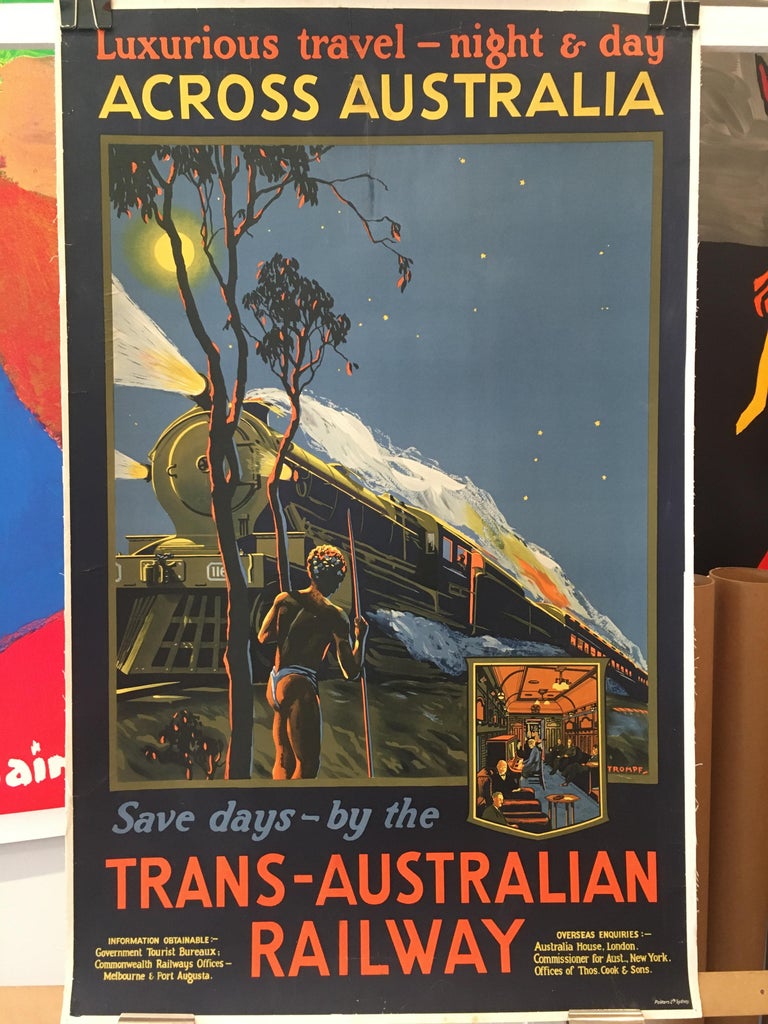 Trans-Australian Railway Original Vintage Poster by Tromf, 1935

Artist
Percy Trompf (Australian, 1902–1964)

Condition
Excellent

Year
1935

Dimensions:
100 x 62 cm

Format
Linen backed.

 