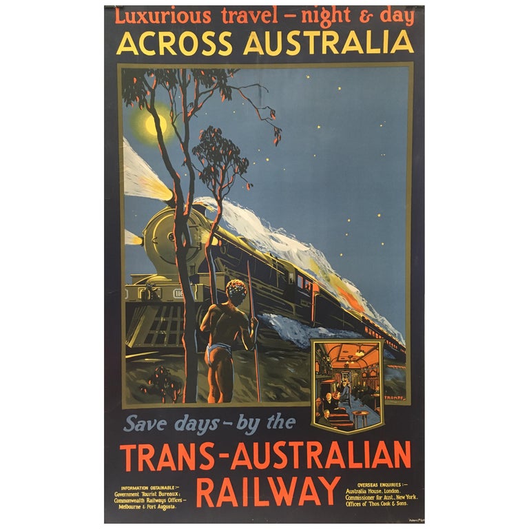 Travel By Trans-Australian Railway. Luxurious Travel - Night and Day Across Australia. Tourism Travel Poster Travel By Trans-Australian Railway. Luxurious Travel - Night and Day Across Australia. Tourism Travel Poster