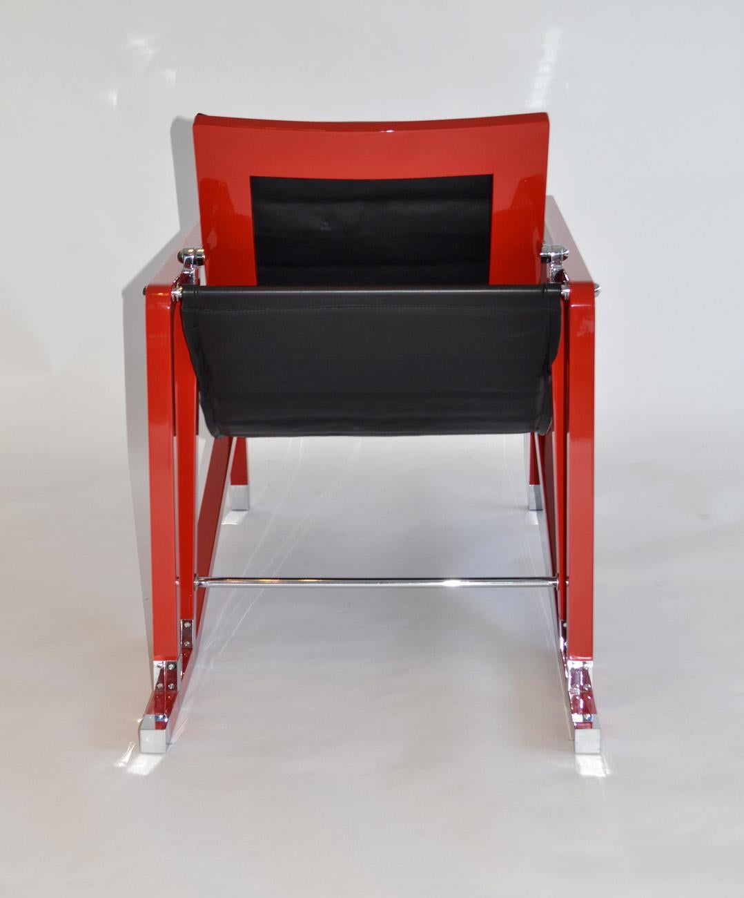French Transat Armchair by Eileen Gray in Red Lacquer and Leather, c. 1990