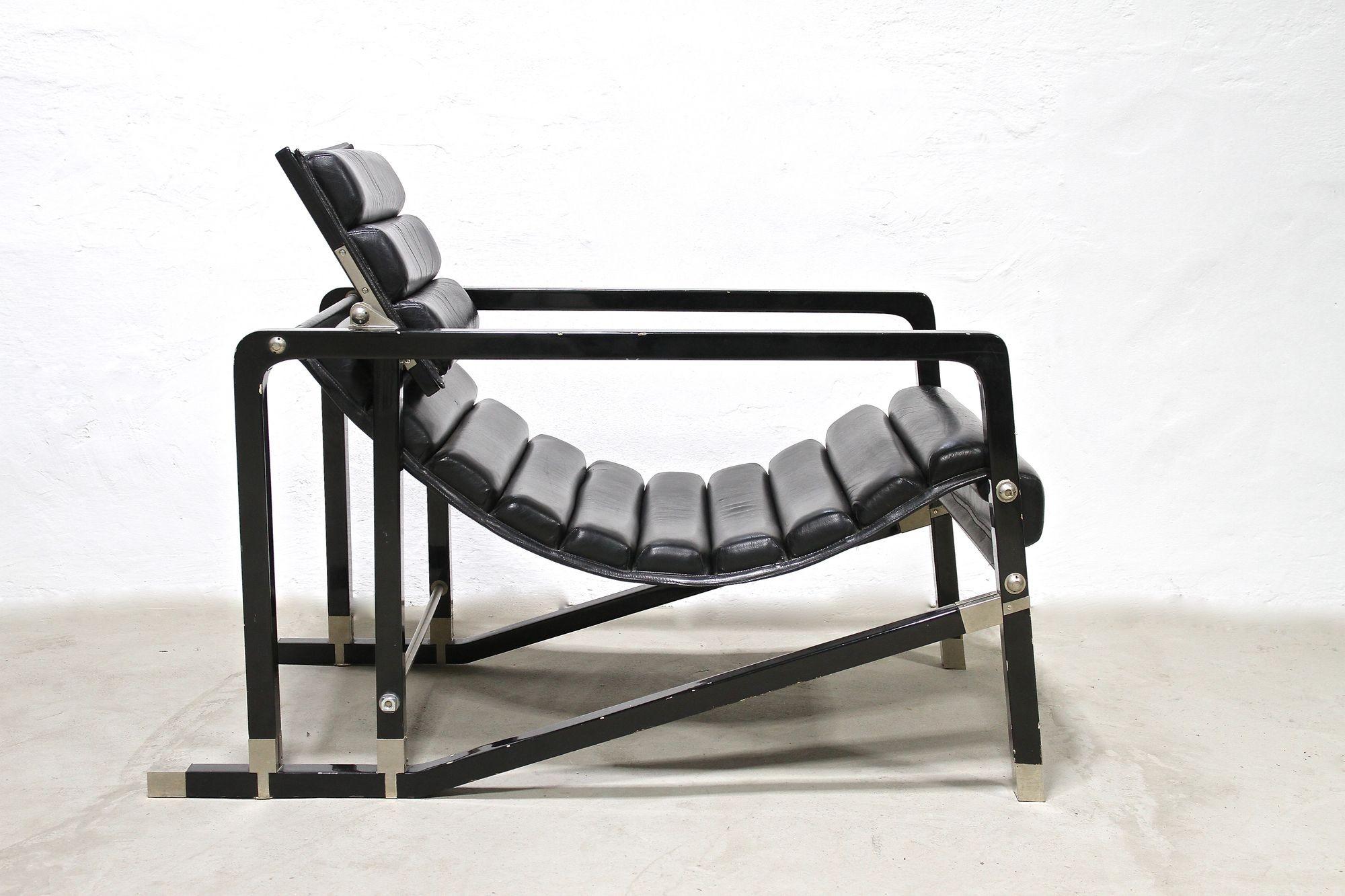 Transat-Stuhl mit schwarzem Leder, Design Eileen Gray 1927, Frankreich ca. 1975 (Buchenholz) im Angebot