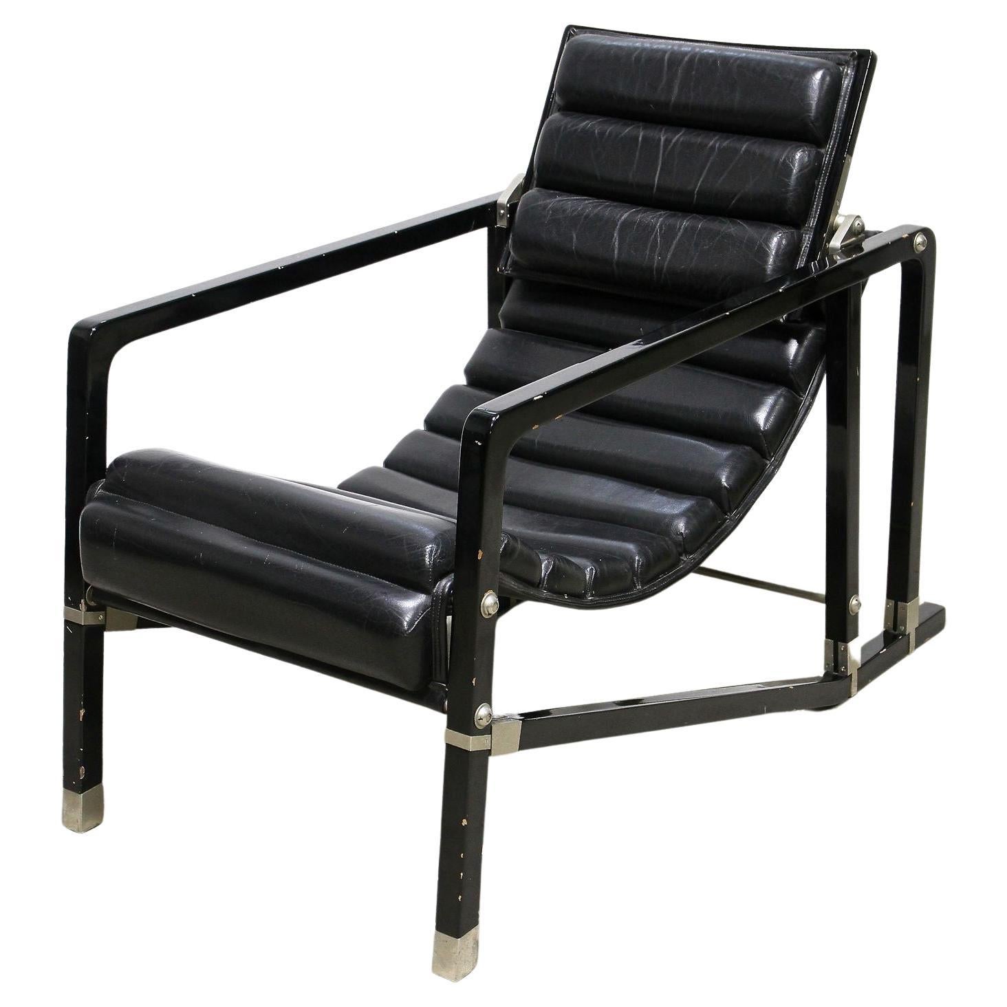 Transat Chair With Black Leather, Design Eileen Gray 1927, France ca. 1975 For Sale