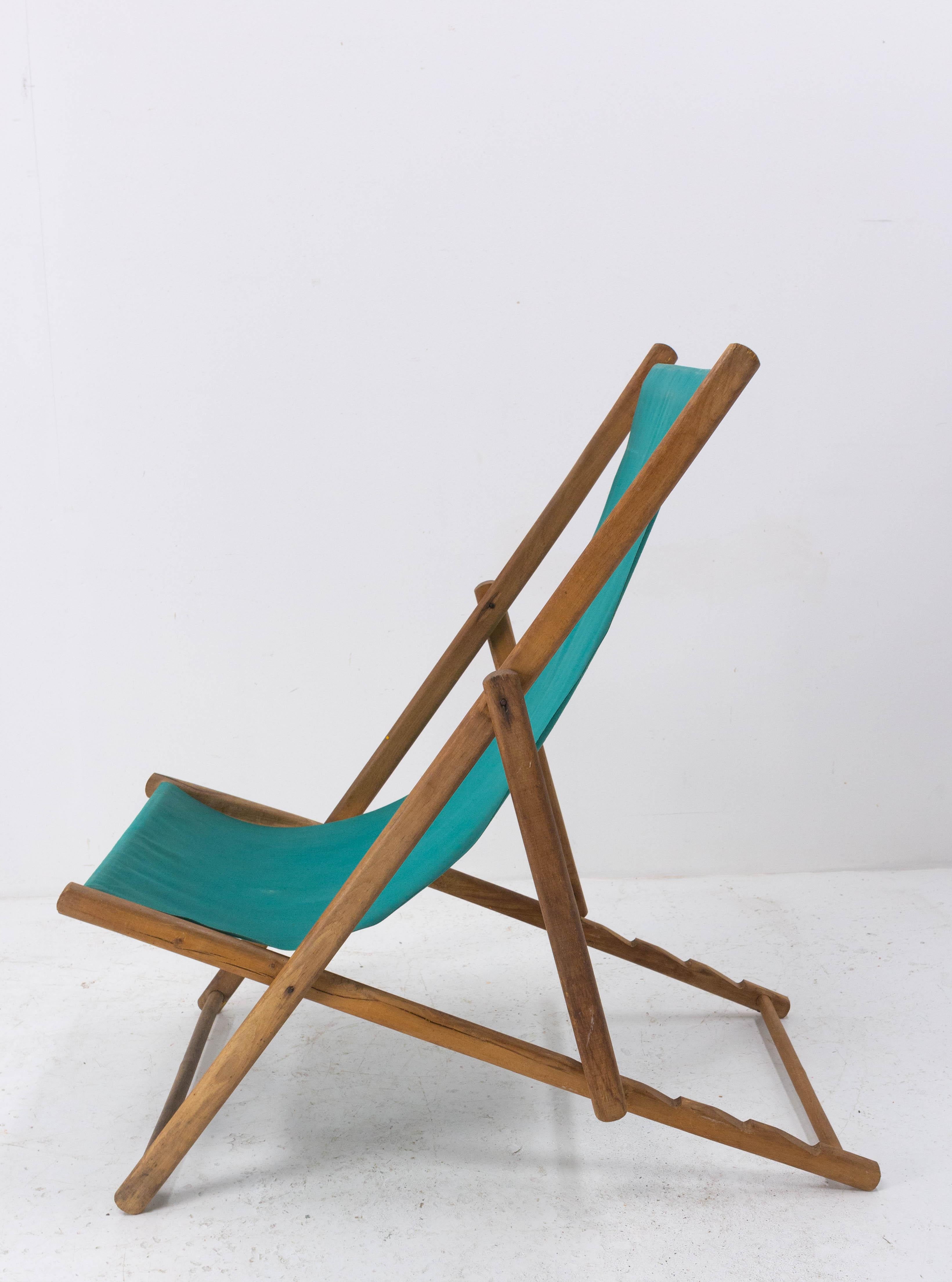 Tissu Chaise longue de patio pliante Transat, chaise longue en hêtre et tissu, française en vente