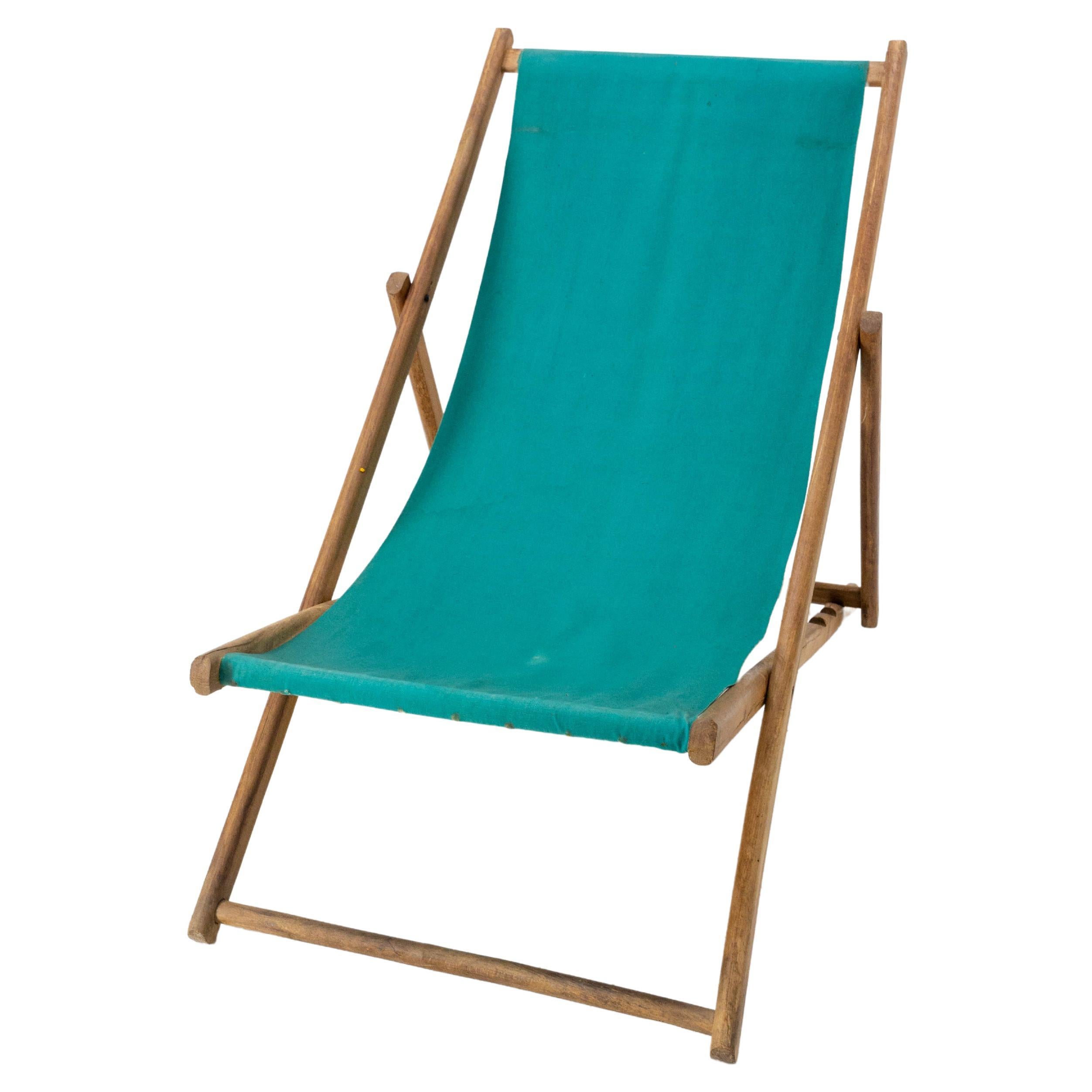 Transat Folding Deck Chair Patio Lounger, Beech and Fabric Chaise Longue, French For Sale