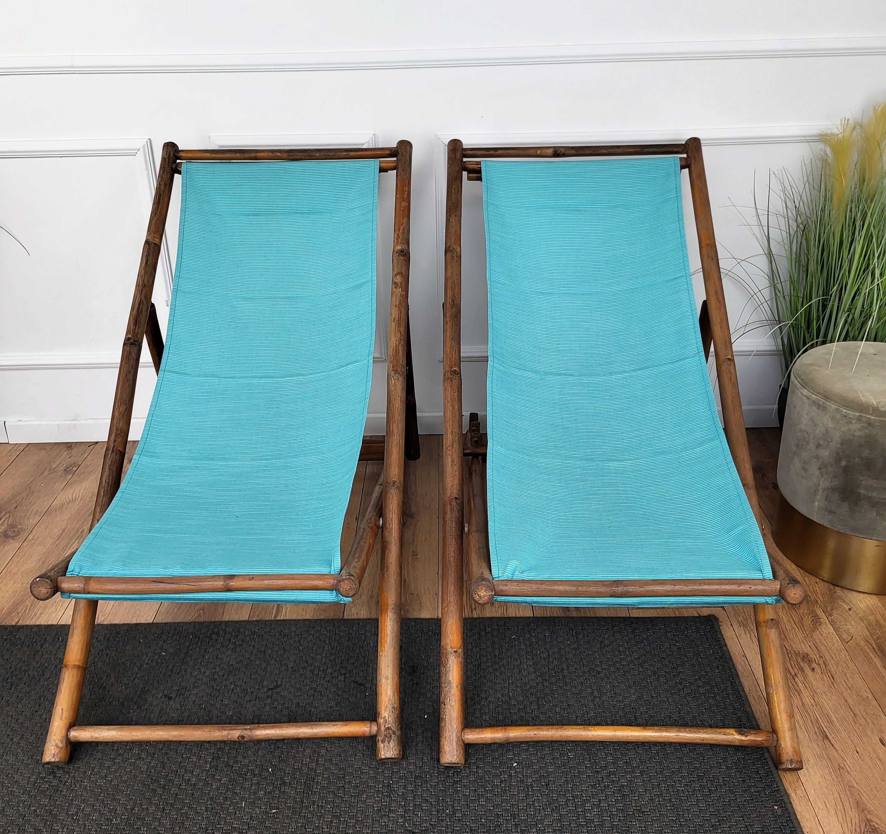 Italian Transat Folding Deck Chair Patio Lounger, Chaise Longue, Bambo Wood and Fabric For Sale