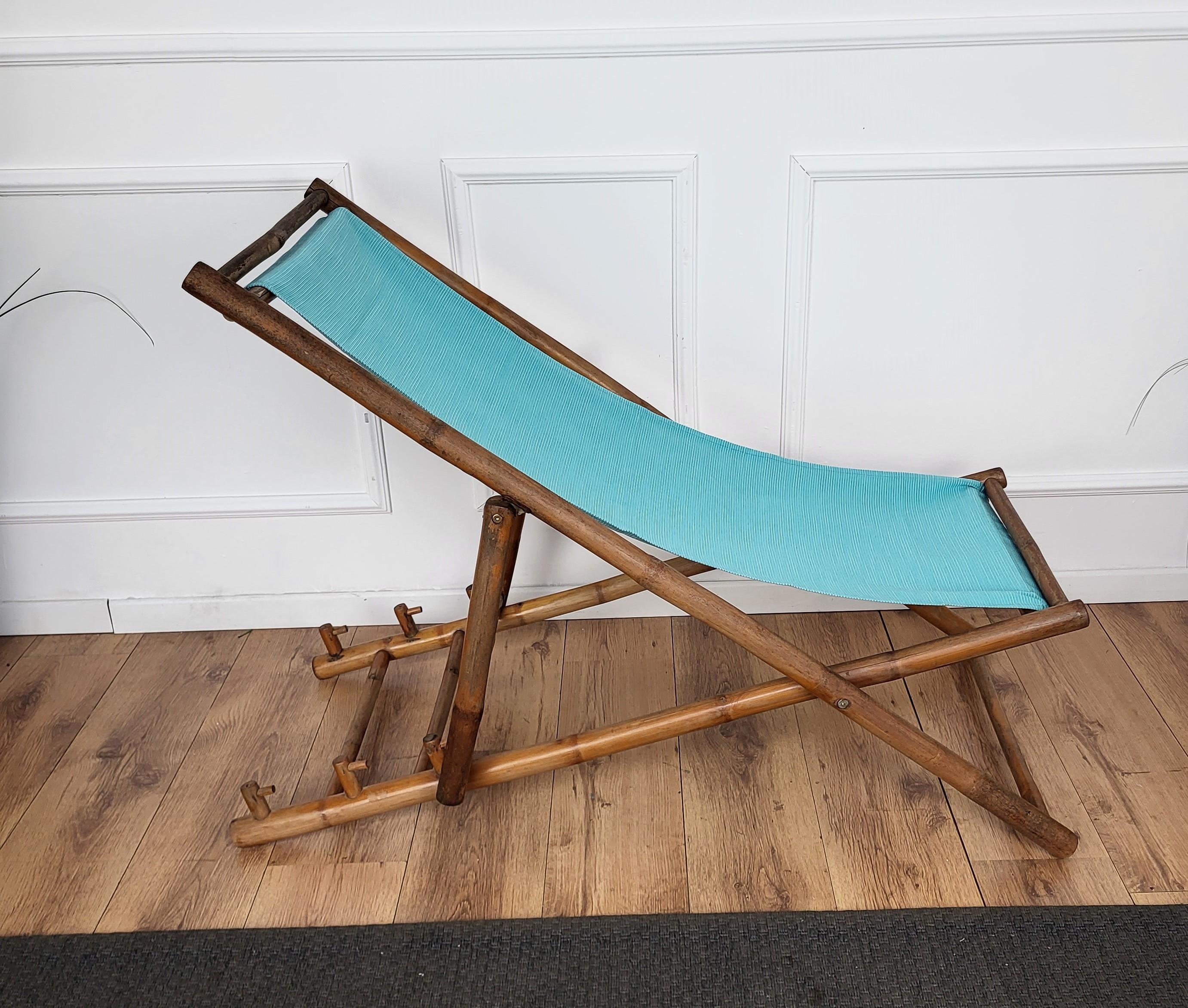 Italian Transat Folding Deck Chair Patio Lounger, Chaise Longue, Bambo Wood and Fabric For Sale