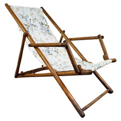Vintage Transat Folding Deck Chair Patio Lounger, Chaise Longue, Bambo Wood and Fabric