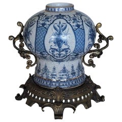 Antique Transfer Decorated Chinoiserie Blue and White Porcelain Bronze Globular Jar