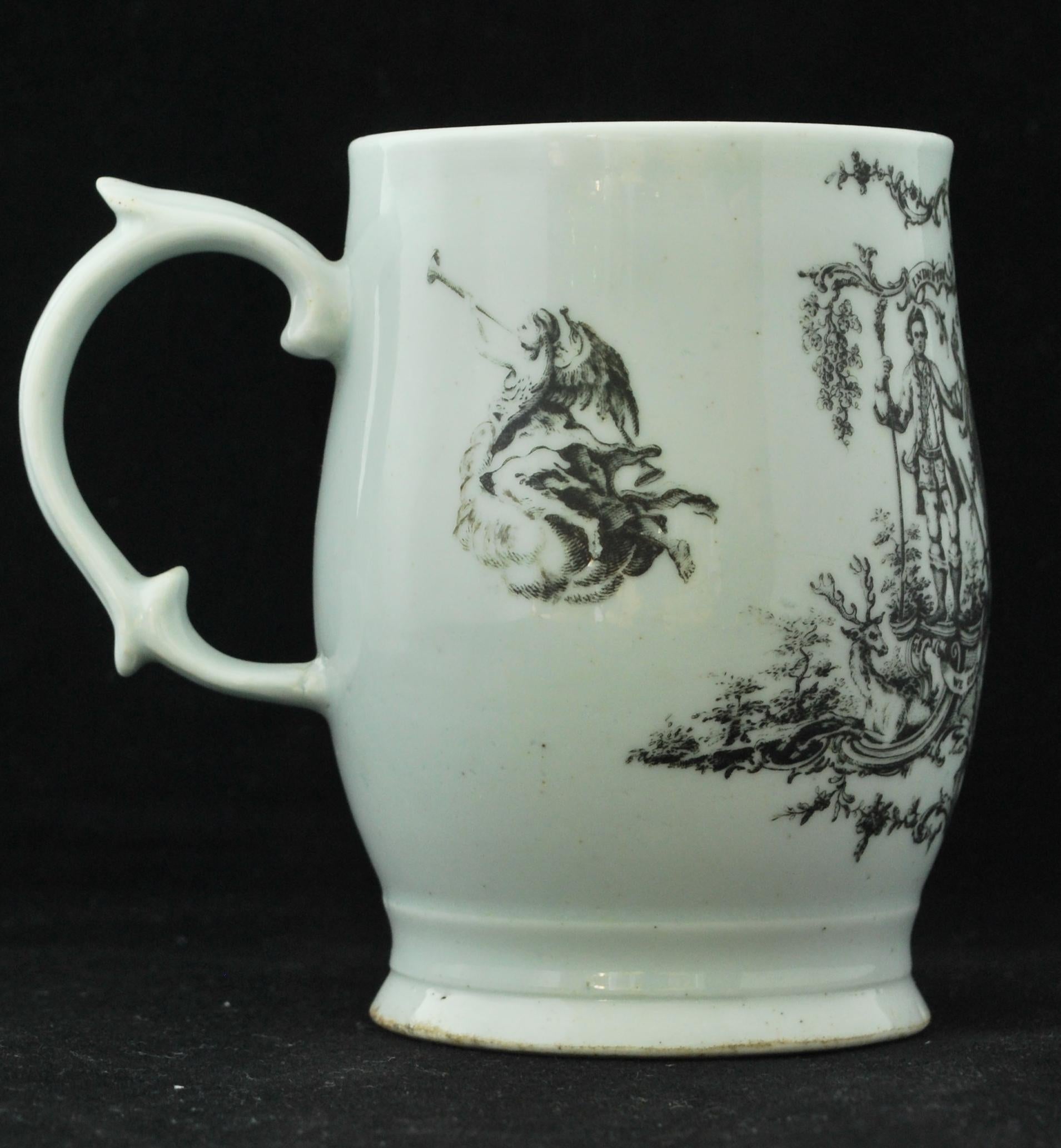 Neoclassical Transfer Printed Mug for the Bucks Society, Longton Hall, circa 1770