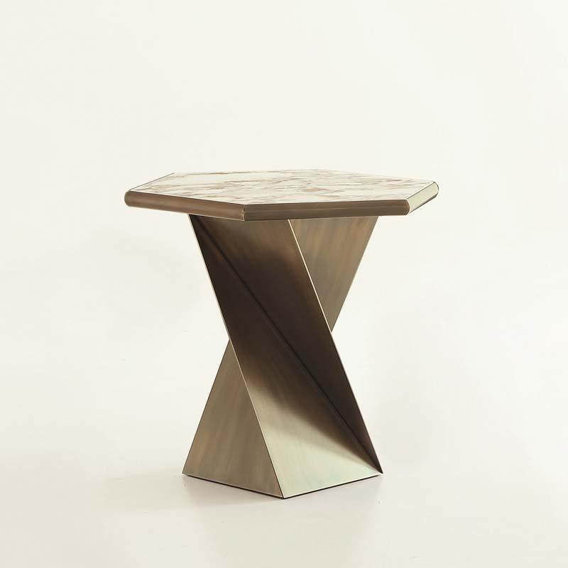 Hand-Crafted Transfer Side Table with Solid Bronze Base For Sale