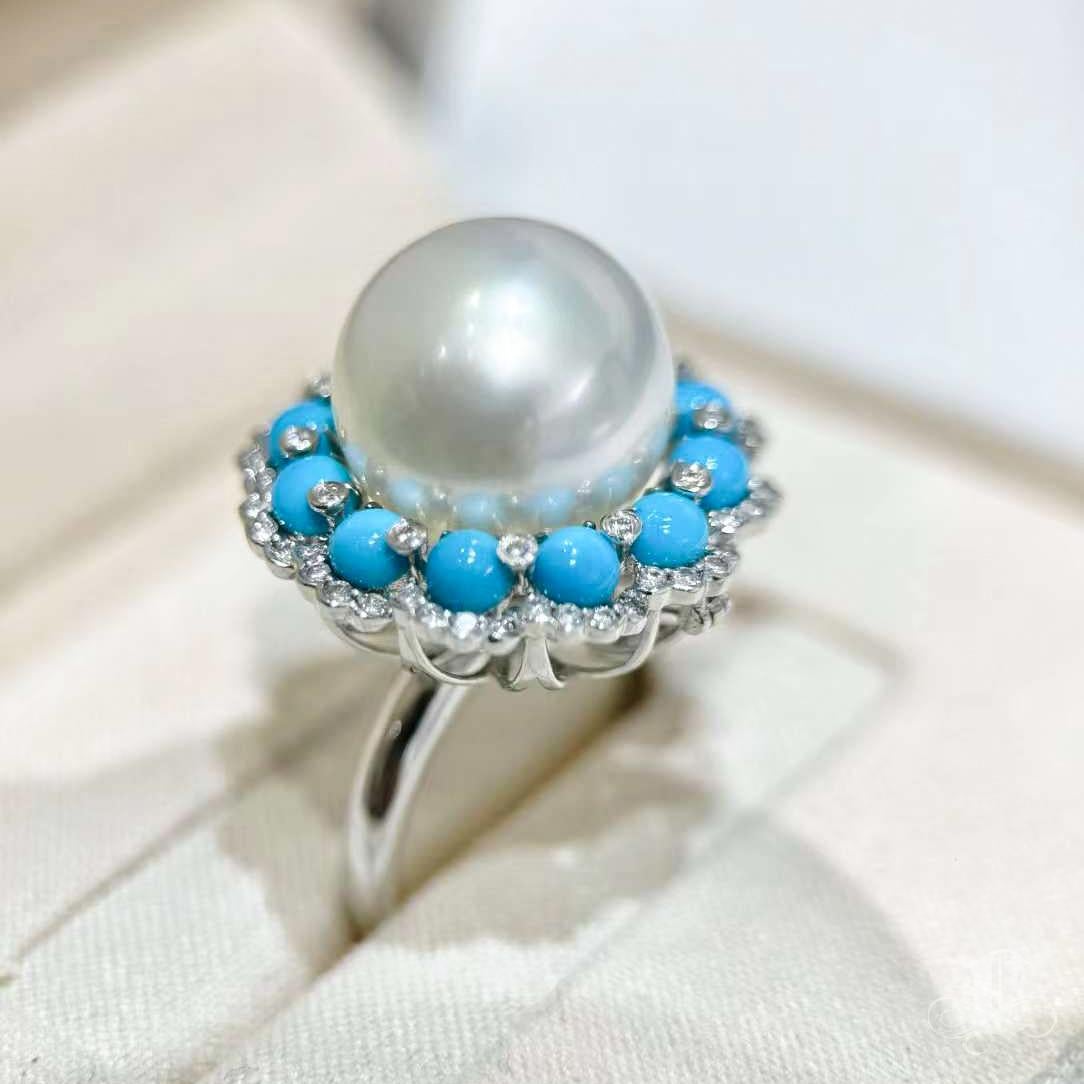 Women's 【Caelmare】Halo Bloom Convertible South Sea Pearl & Turquoise Ring-Pendand For Sale