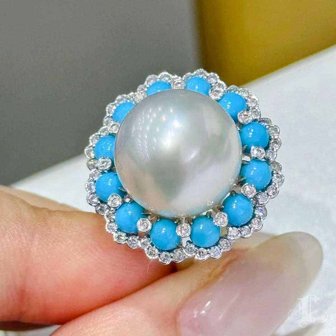 【Caelmare】Halo Bloom Convertible South Sea Pearl & Turquoise Ring-Pendand For Sale 1