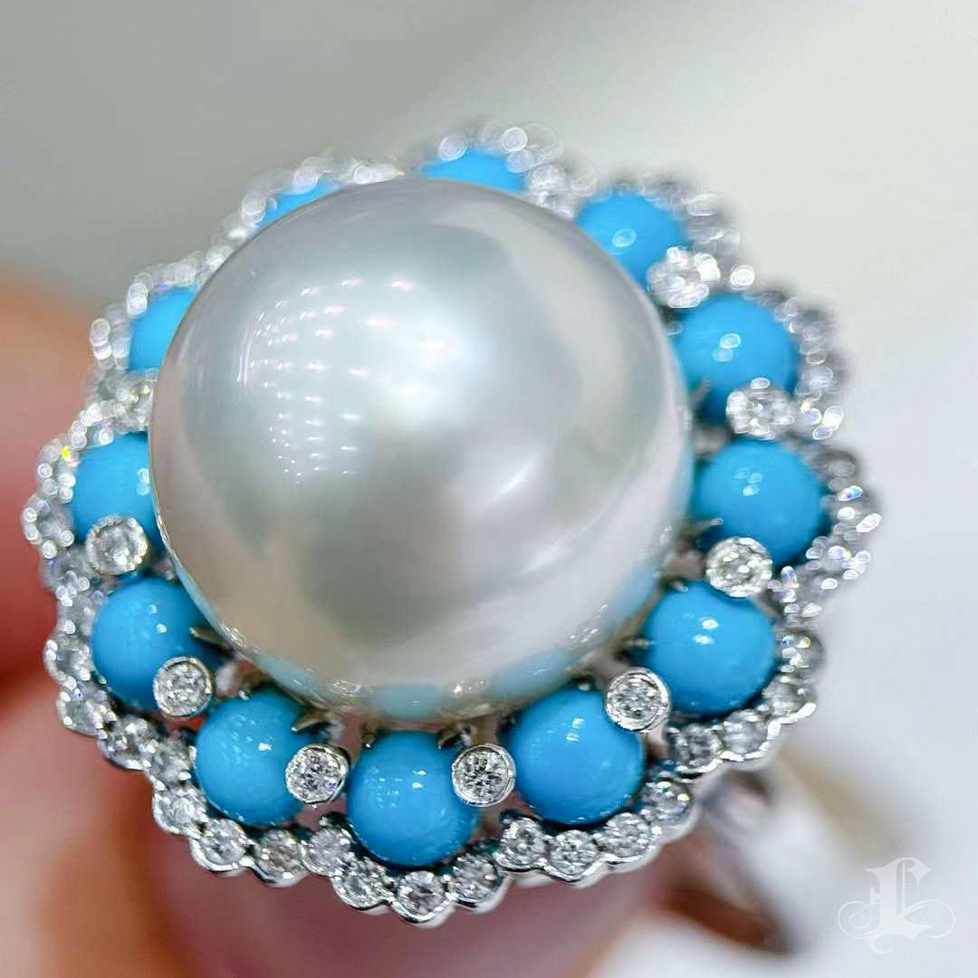【Caelmare】Halo Bloom Convertible South Sea Pearl & Turquoise Ring-Pendand For Sale 2