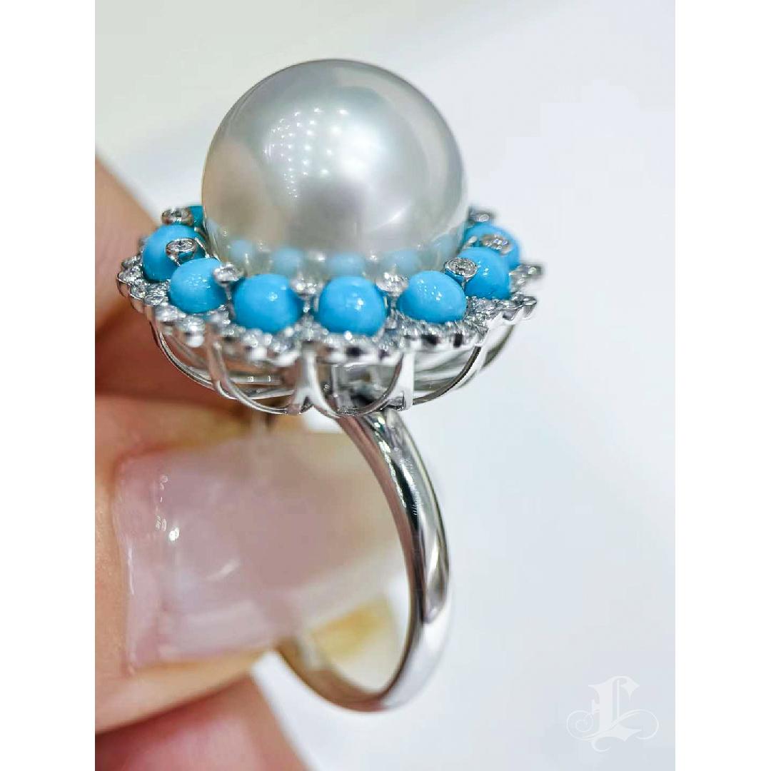 【Caelmare】Halo Bloom Convertible South Sea Pearl & Turquoise Ring-Pendand For Sale 3