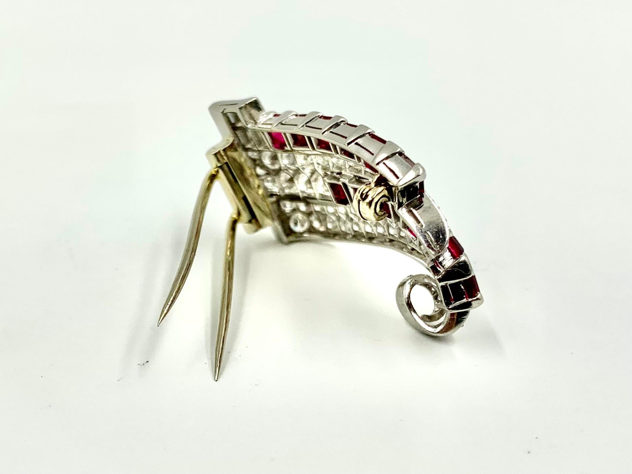 Transformable Art Deco Period Diamond Ruby Platinum Pendant, Clip Brooch For Sale 2