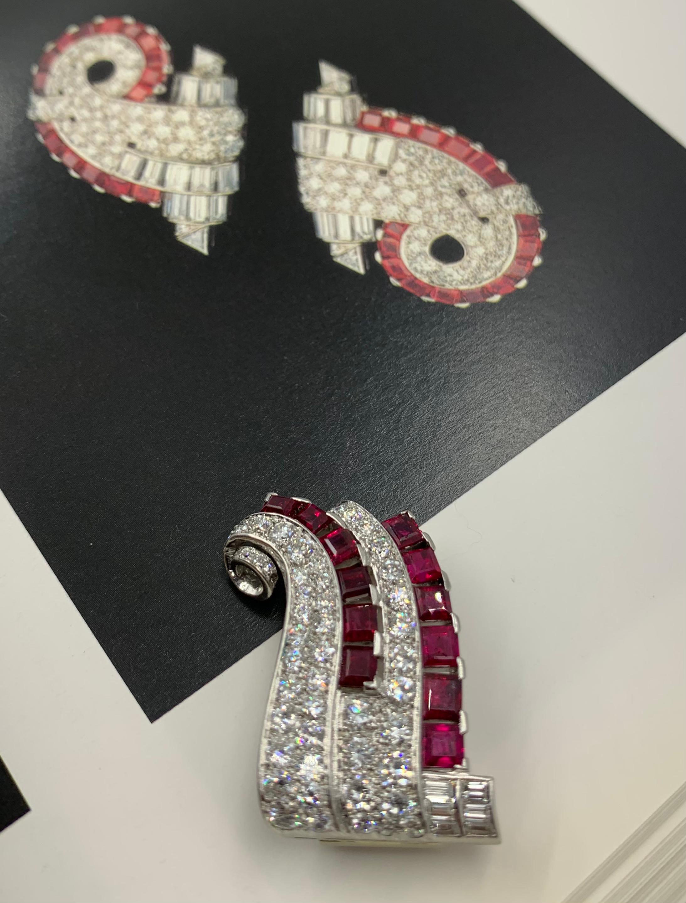 Transformable Art Deco Period Diamond Ruby Platinum Pendant, Clip Brooch For Sale 3