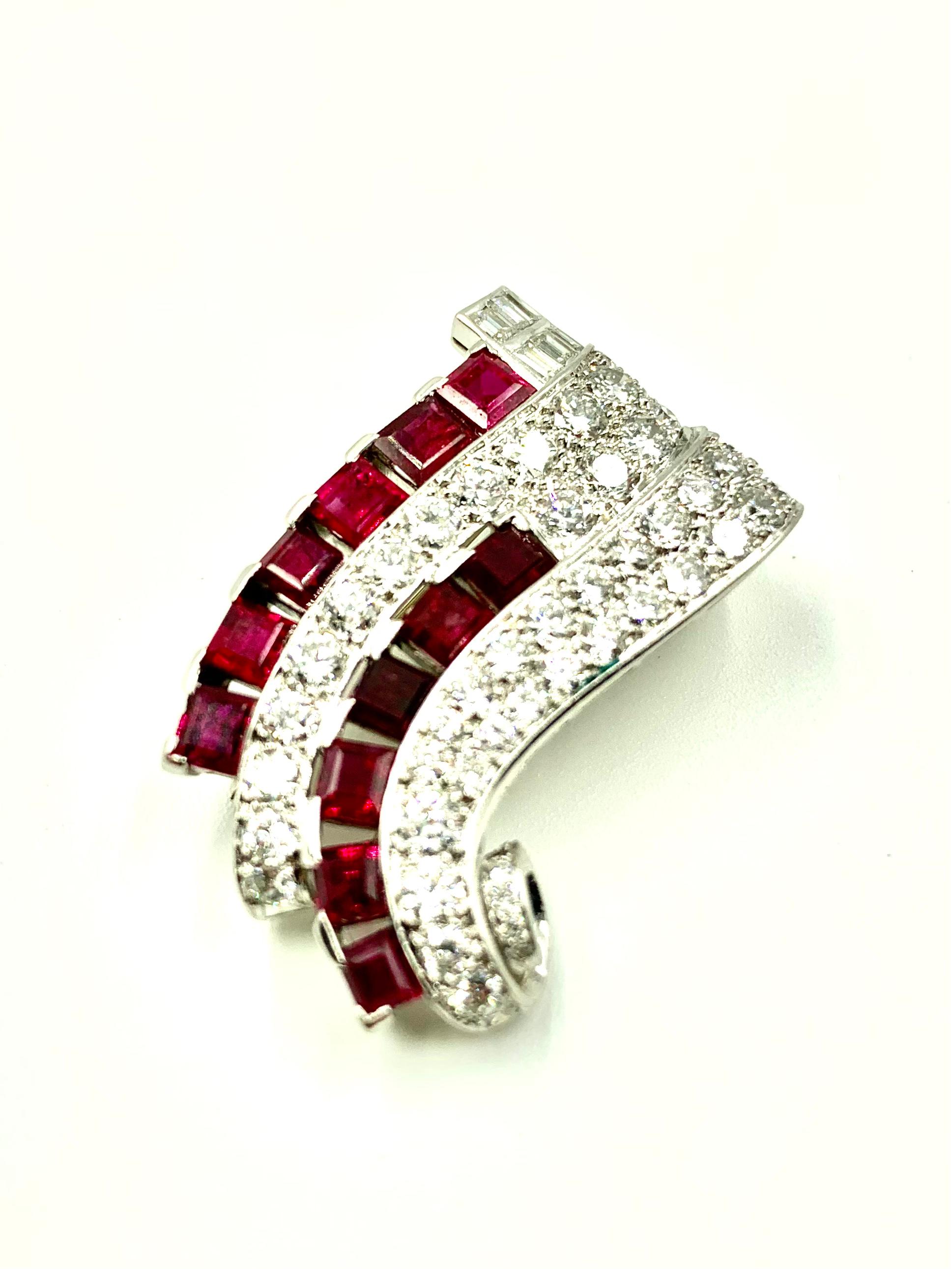 Transformable Art Deco Period Diamond Ruby Platinum Pendant, Clip Brooch For Sale 7