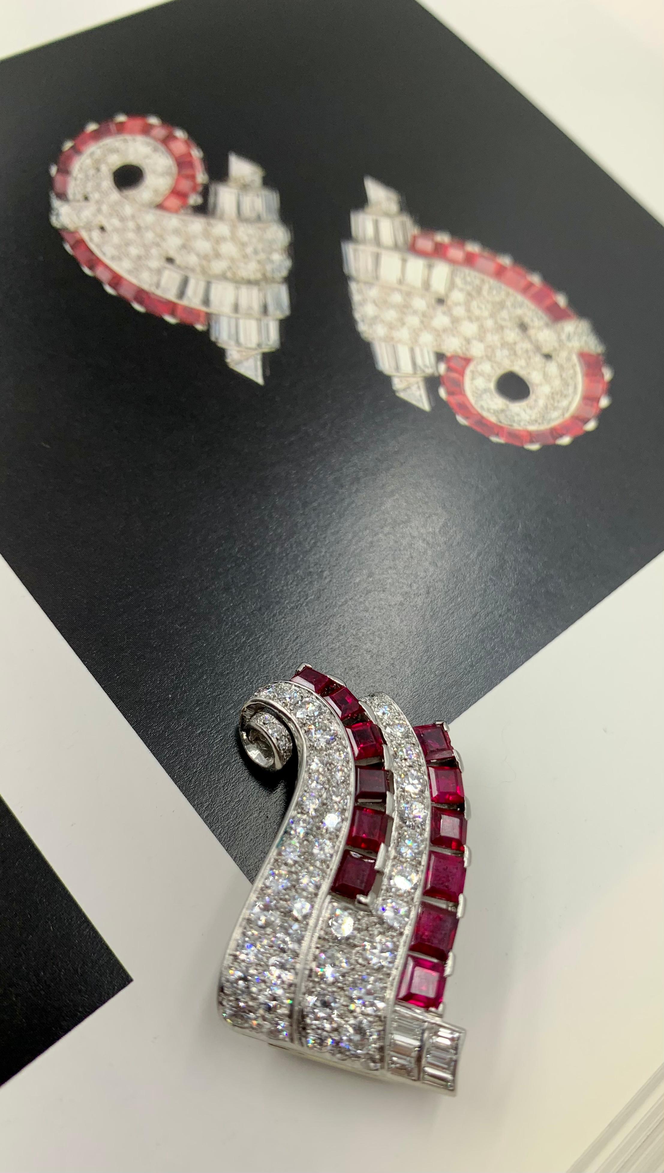 Transformable Art Deco Period Diamond Ruby Platinum Pendant, Clip Brooch For Sale 8