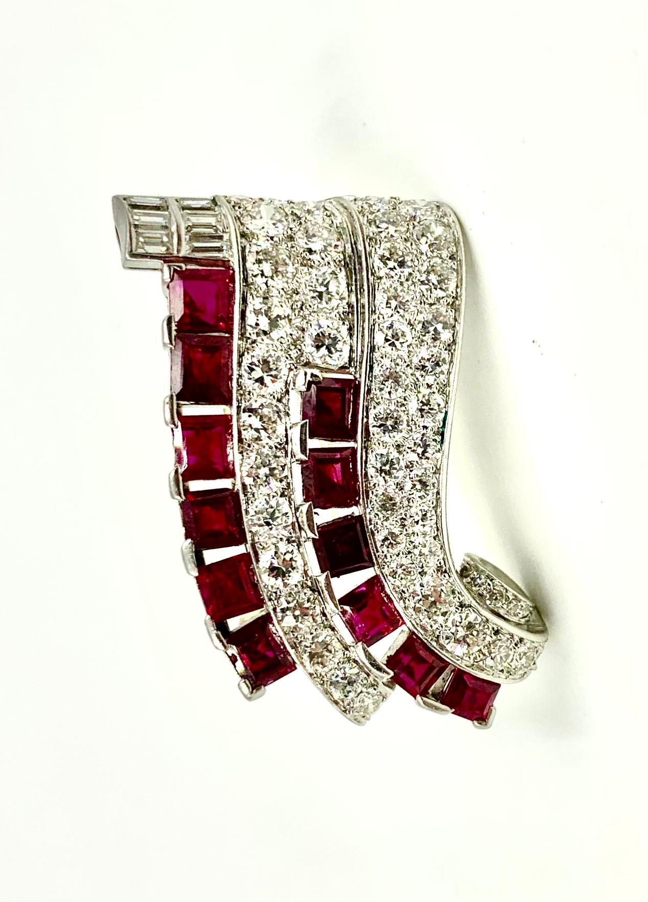 Mixed Cut Transformable Art Deco Period Diamond Ruby Platinum Pendant, Clip Brooch For Sale
