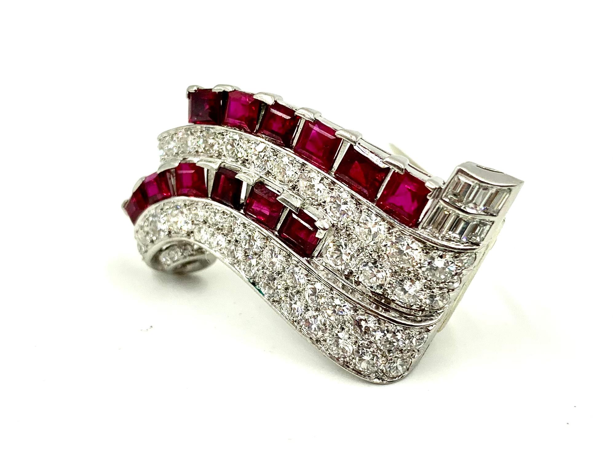 Women's or Men's Transformable Art Deco Period Diamond Ruby Platinum Pendant, Clip Brooch For Sale