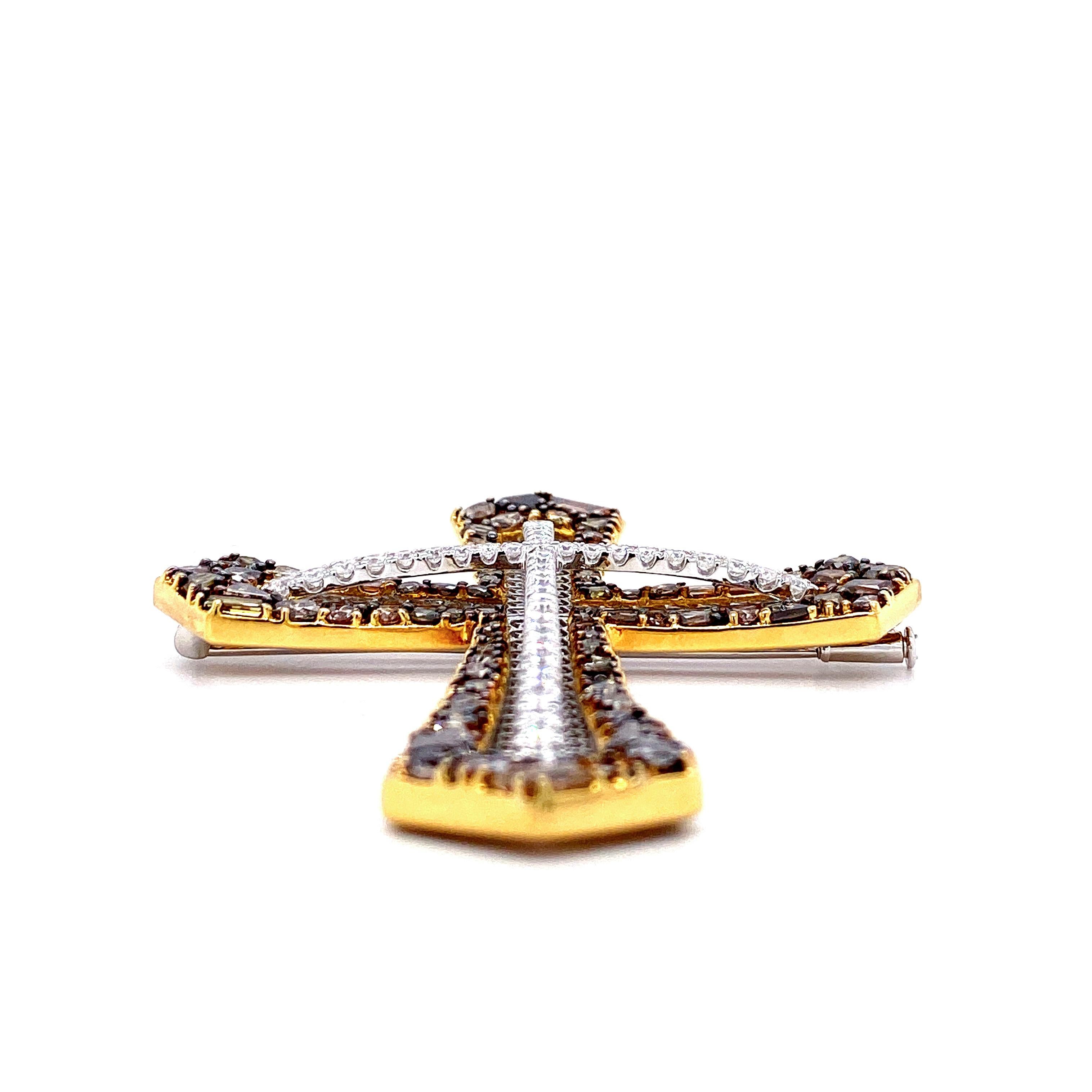 Mixed Cut Transformable Fancy Color Diamond Cross Brooch and Pendant by Dilys’ in 18K Gold